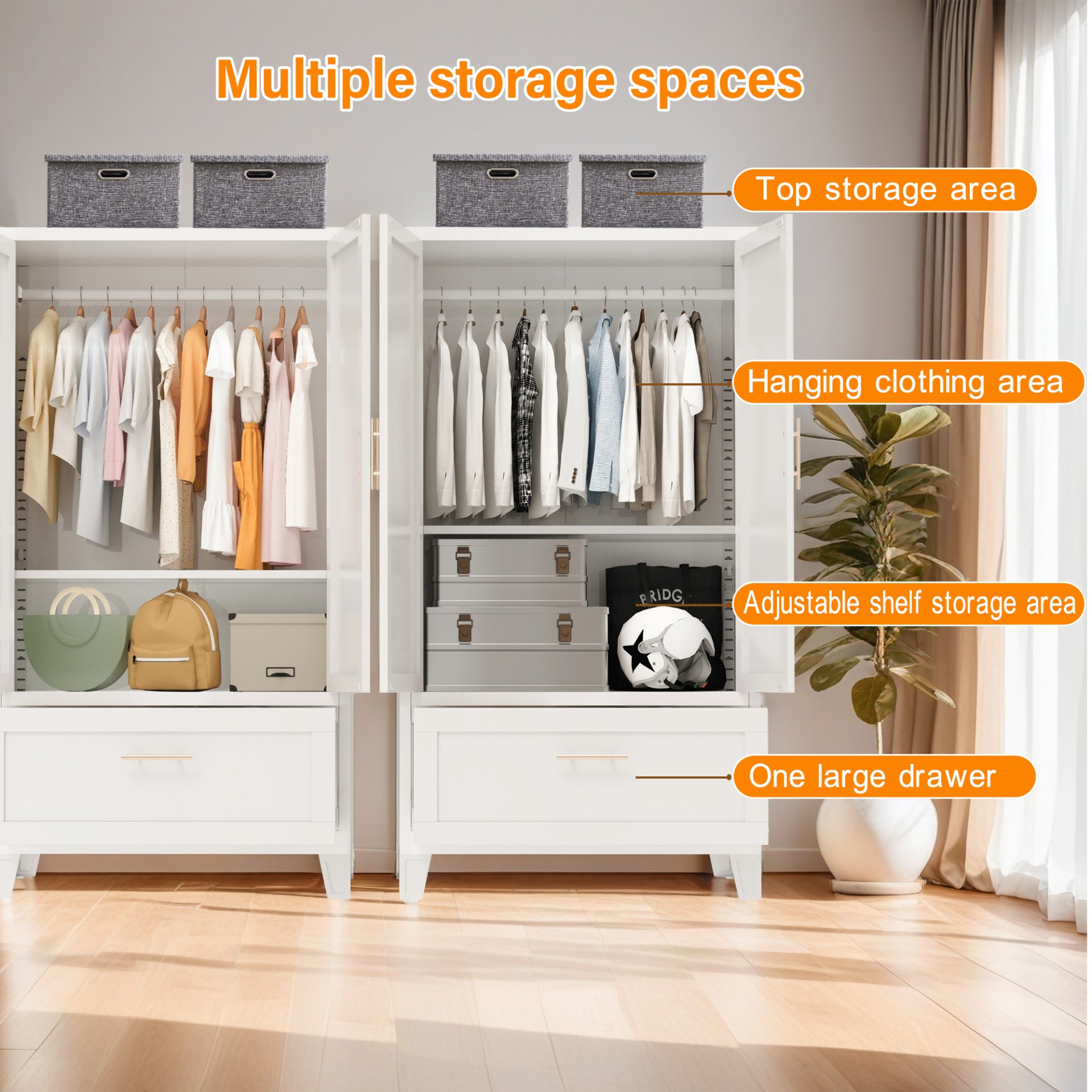 Wardrobe Cabinet With 1 Drawer And Hanging Rod, 2 Doors Closet With Shelf For Bedroom - White - Image 7