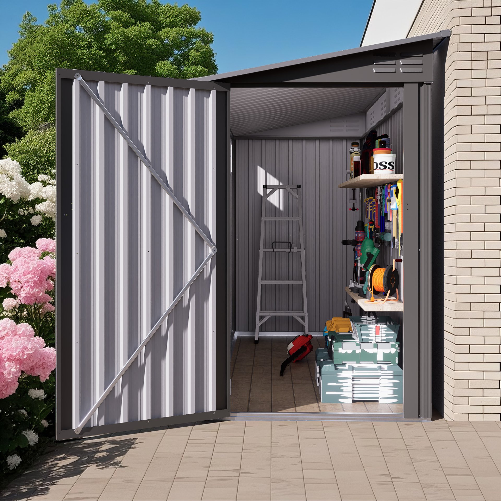 Metal Outdoor Storage Shed 4 X 9 Ft With Sloping Roof, Vents, And Side Door - Gray - Image 4