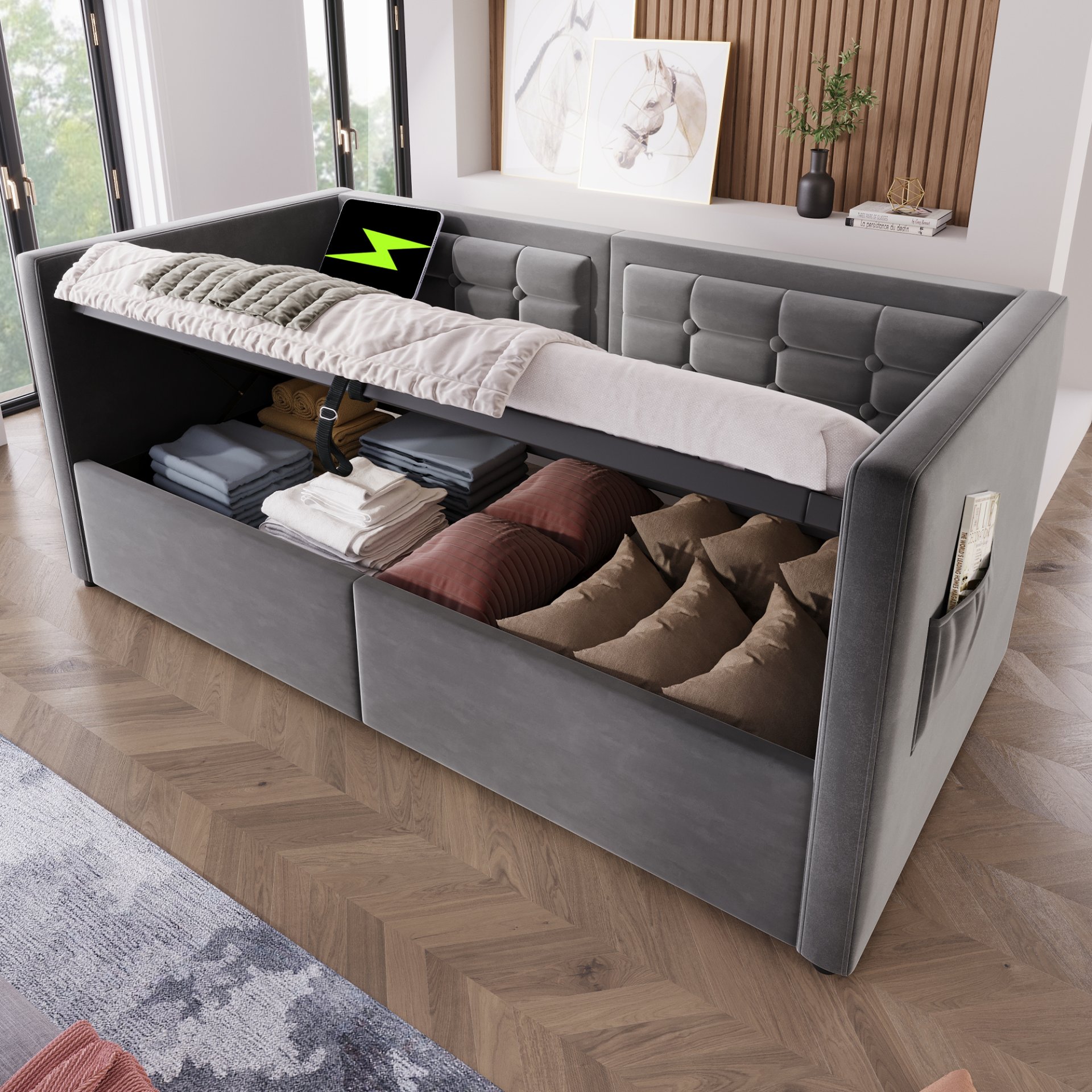 Twin Size Upholstered Hydraulic Storage Daybed With USB & Type C Charging - Gray - Image 11