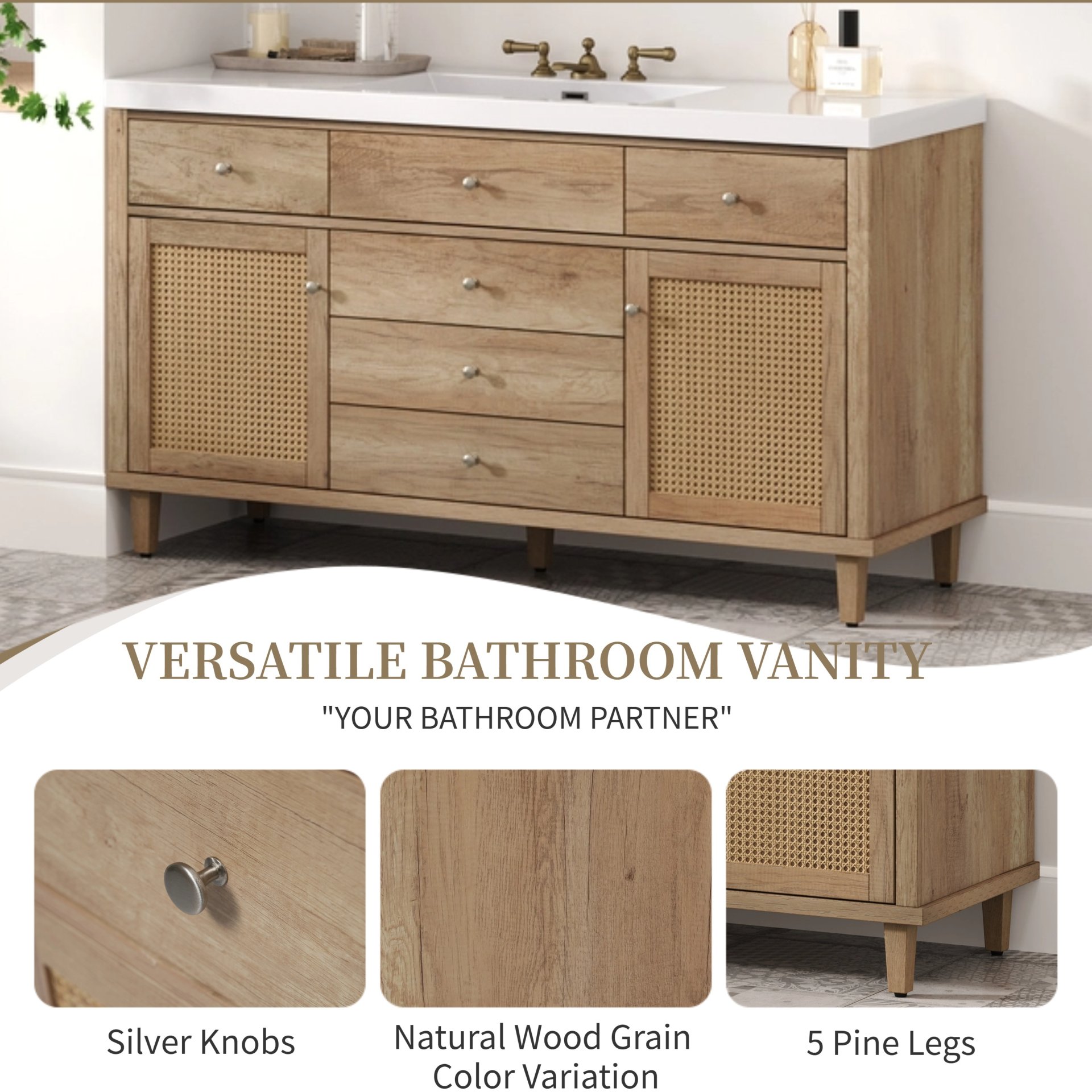Bathroom Vanity With Sink, Soft Close Drawers - Antique Natural - Image 8