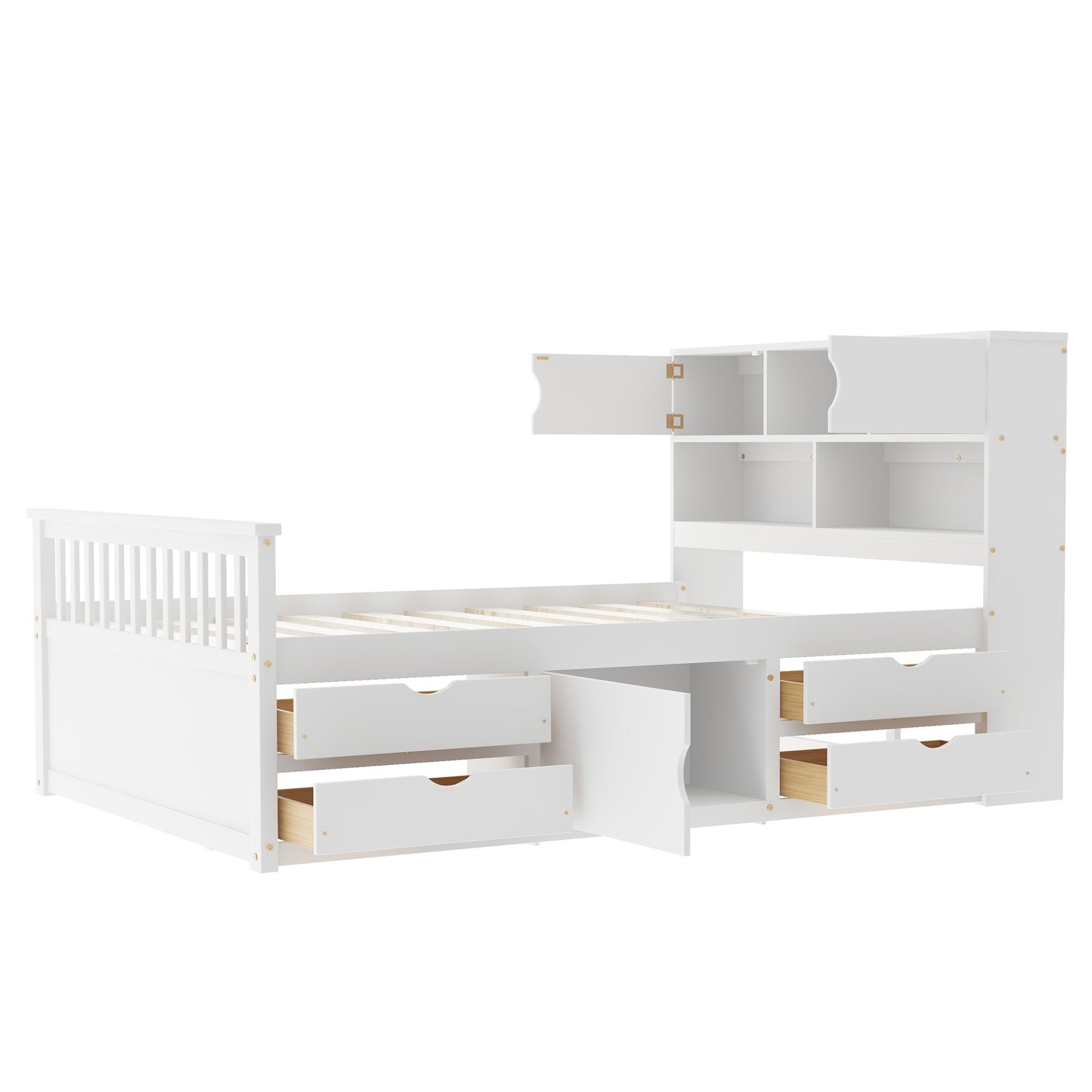 Full Size Captain Platform Bed Frame With Bookcase Headboard, Four Drawers, Storage Shelves - White - Image 7