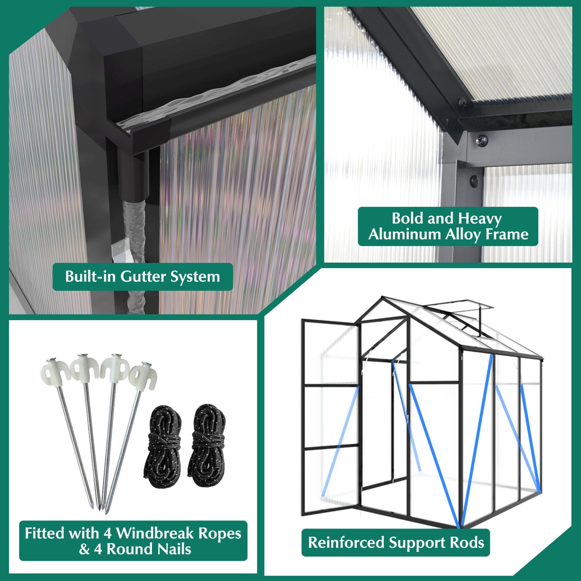 Gain Height Windproof Greenhouse 6 X 10 Ft Polycarbonate With Raised Base And Anchor Alloy Frame, All Season Outdoor Garden Structure - Black - Image 6