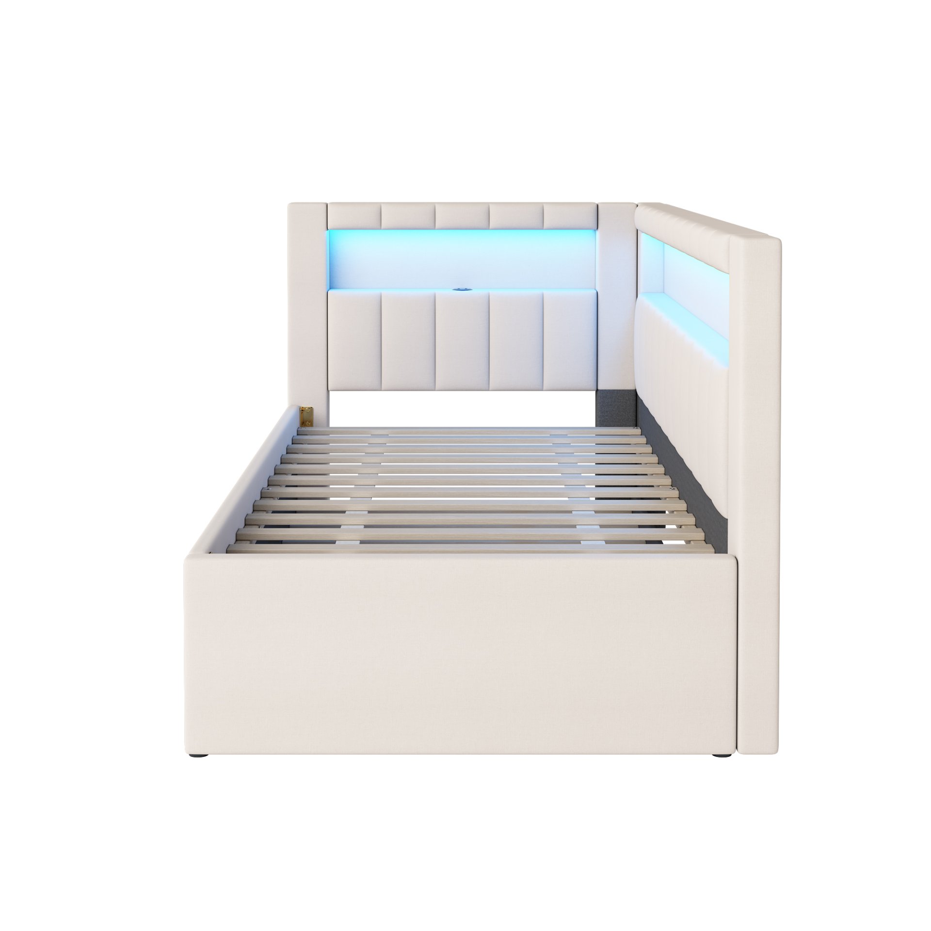 Twin Upholstered Platform Bed With USB Ports And LED Belt, Includes Trundle - White - Image 8