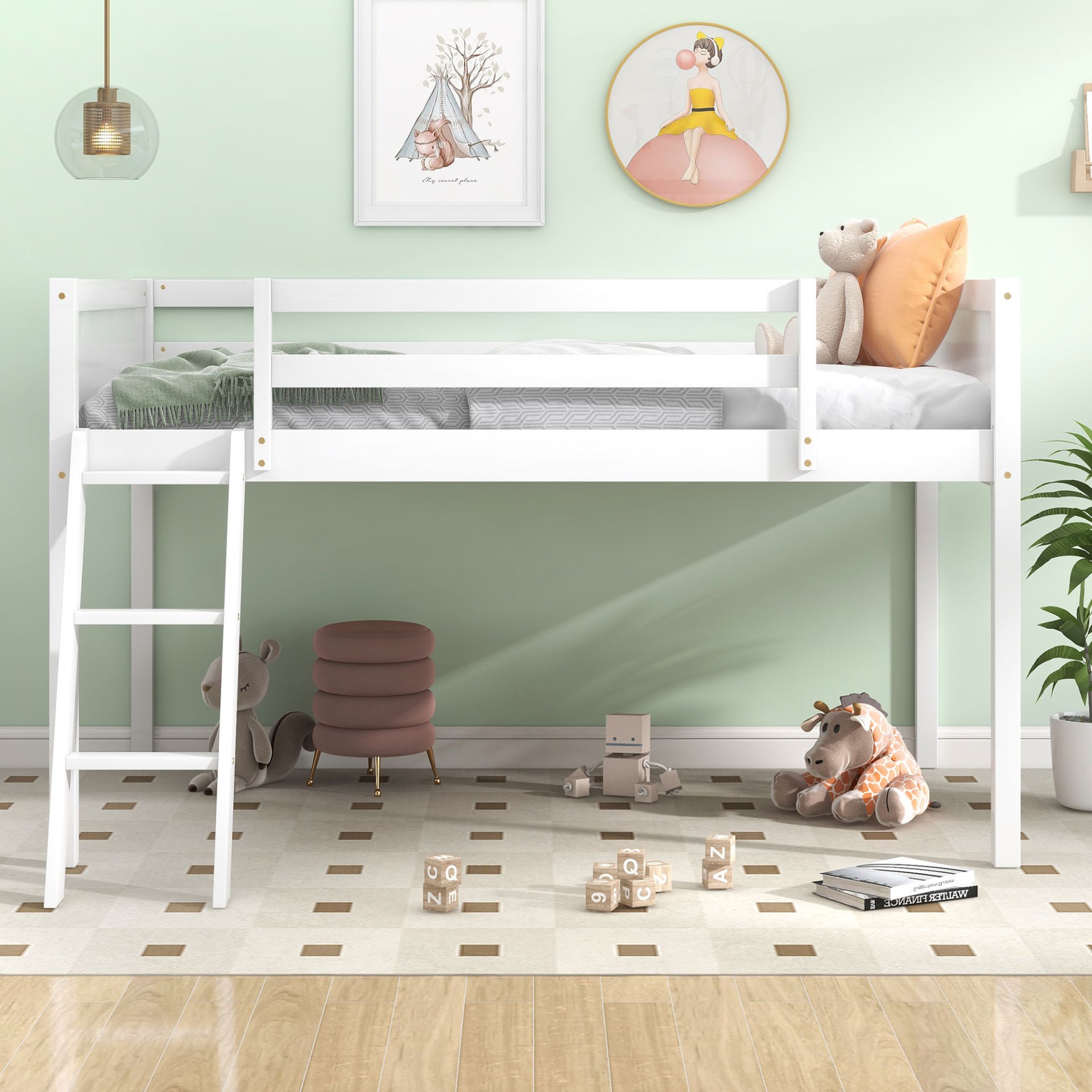 Twin Size Low Loft Bed With Adjustable Ladder - White - Image 14