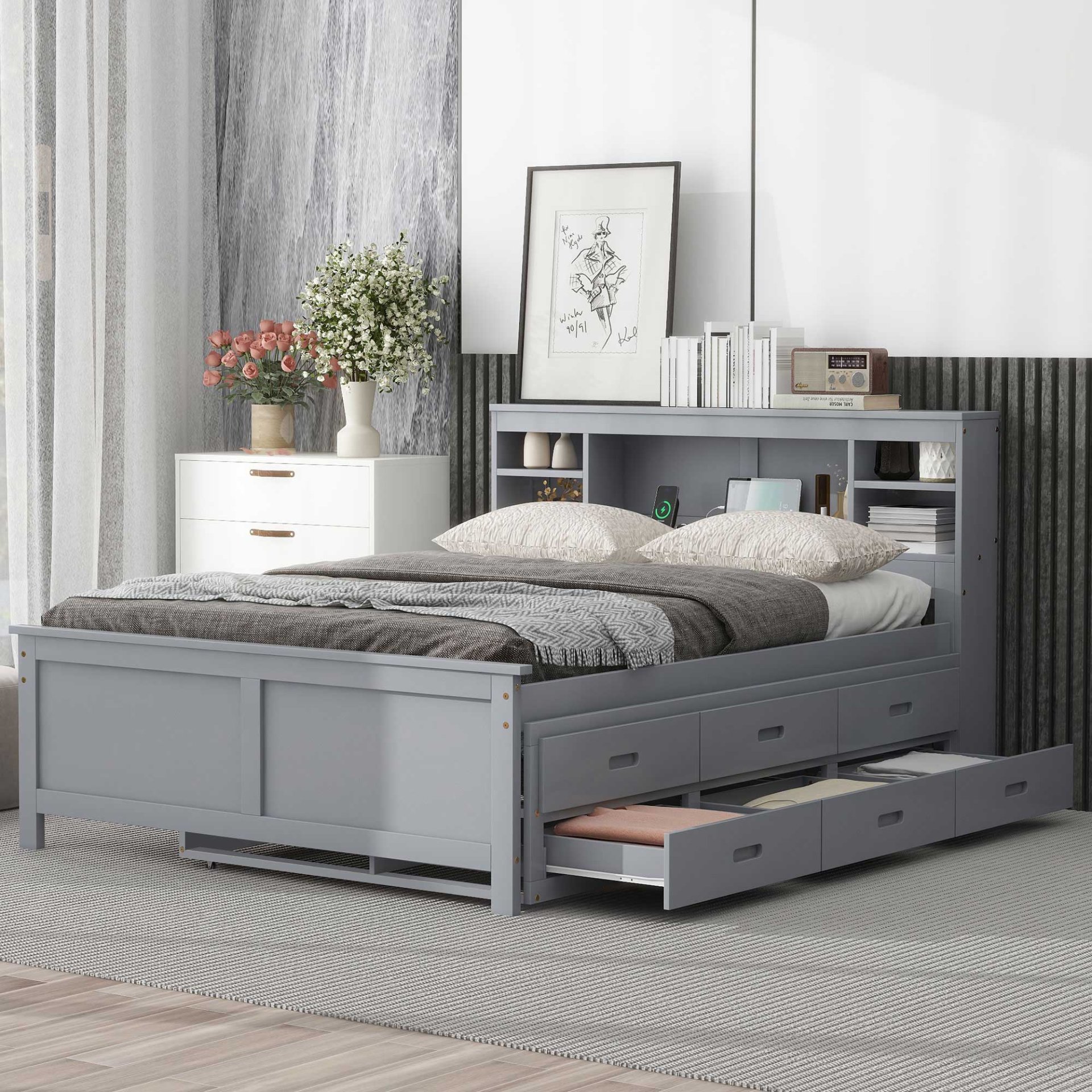 Full Size Platform Bed With Storage Headboard, USB Ports, Twin Trundle, 3 Drawers Construction - Gray - Image 2