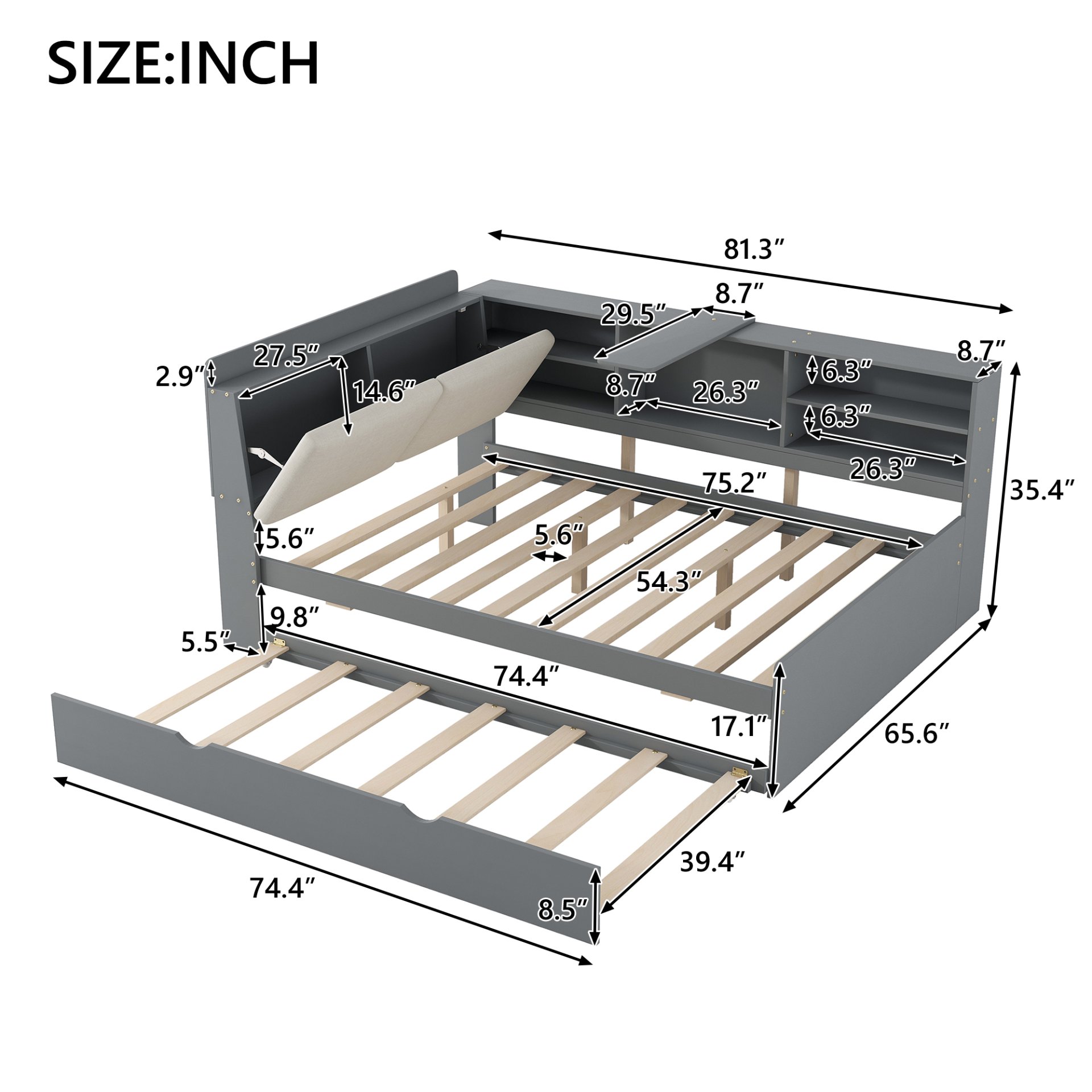 Full Size Platform Bed With Trundle, Shelves, And Storage Headboard - Gray - Image 3