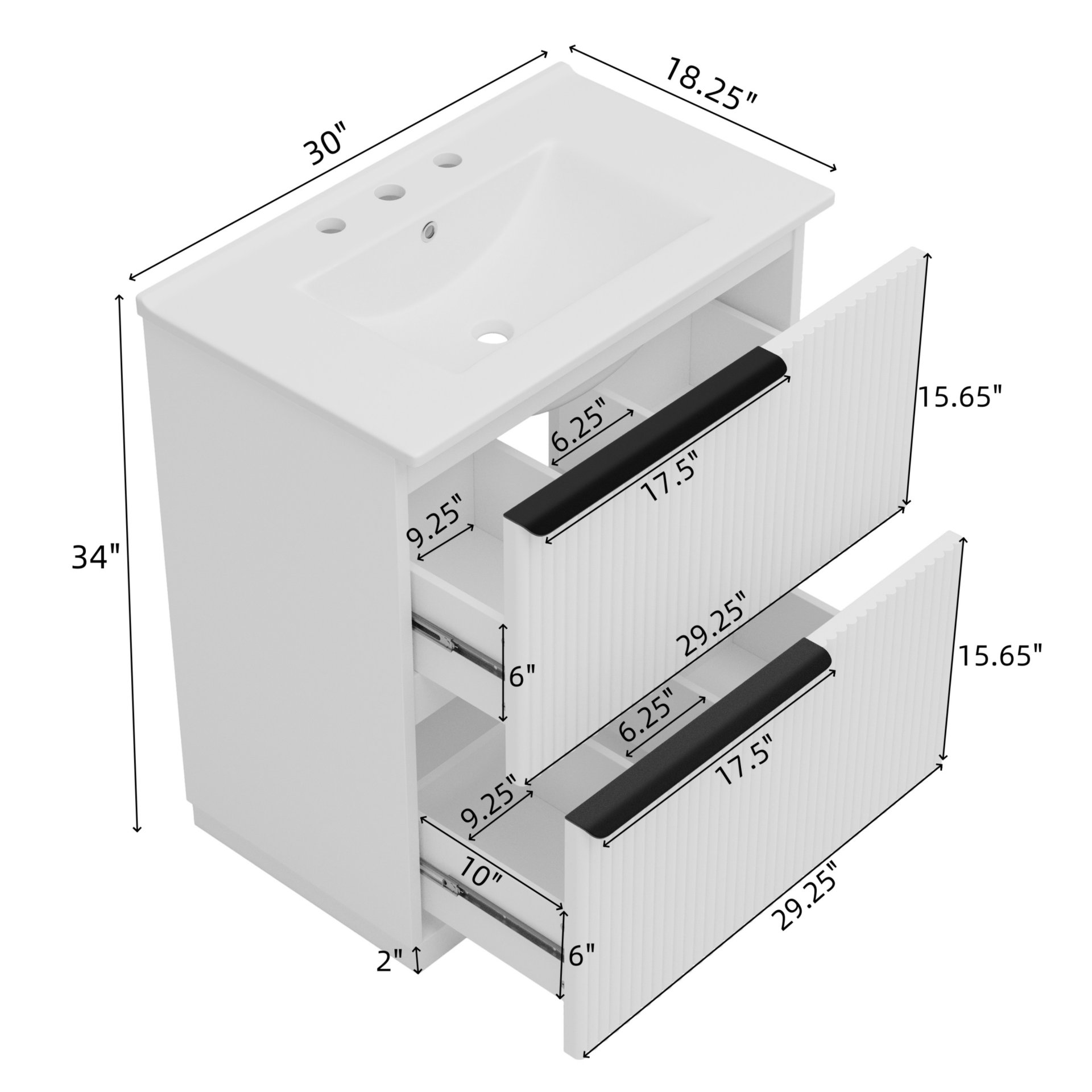 Fluted Bathroom Vanity With Sink, Full Extension Soft Close Drawers - White - Image 3