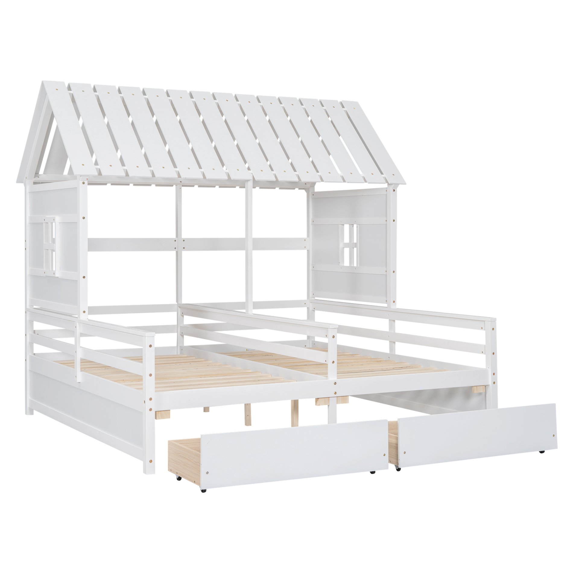 Twin Size House Platform Beds With 2 Drawers, Side By Side Design For Shared Bedrooms - White - Image 7