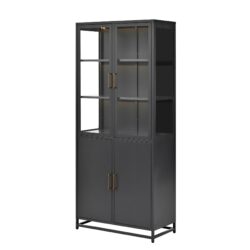 Modern Style Tall Steel Display Cabinet With Double Glass Doors, LED Lights, 3 Sided Glass For Collectibles - Black