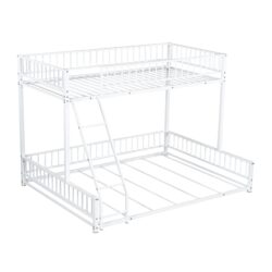 Twin Long Over Queen Bunk Bed Frame With Ladder And Safety Guardrails - White