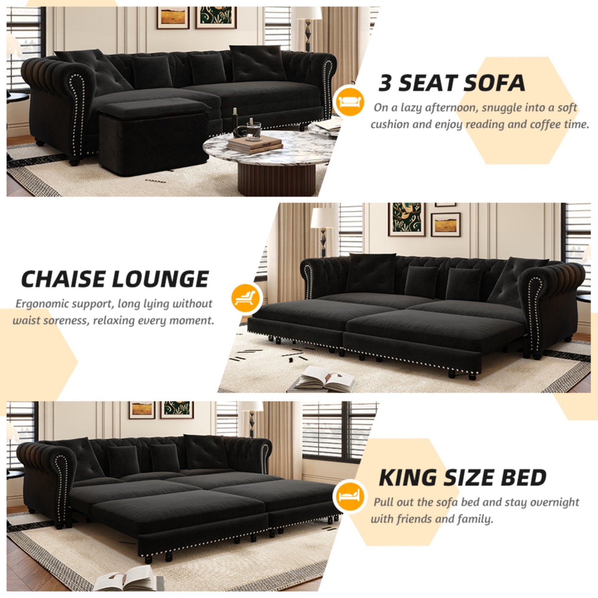 3 In 1 Pull Out Sofa Bed, Convertible Sleeper Sofa Bed, 3 Seater Sofa With Movable Ottoman - Black - Image 12