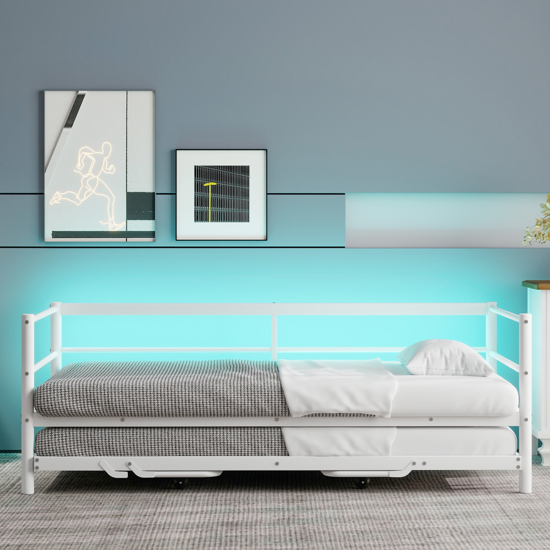 Industrial Twin Daybed With LED Light And Pop Up Trundle, Adjustable Support Frame - White - Image 5