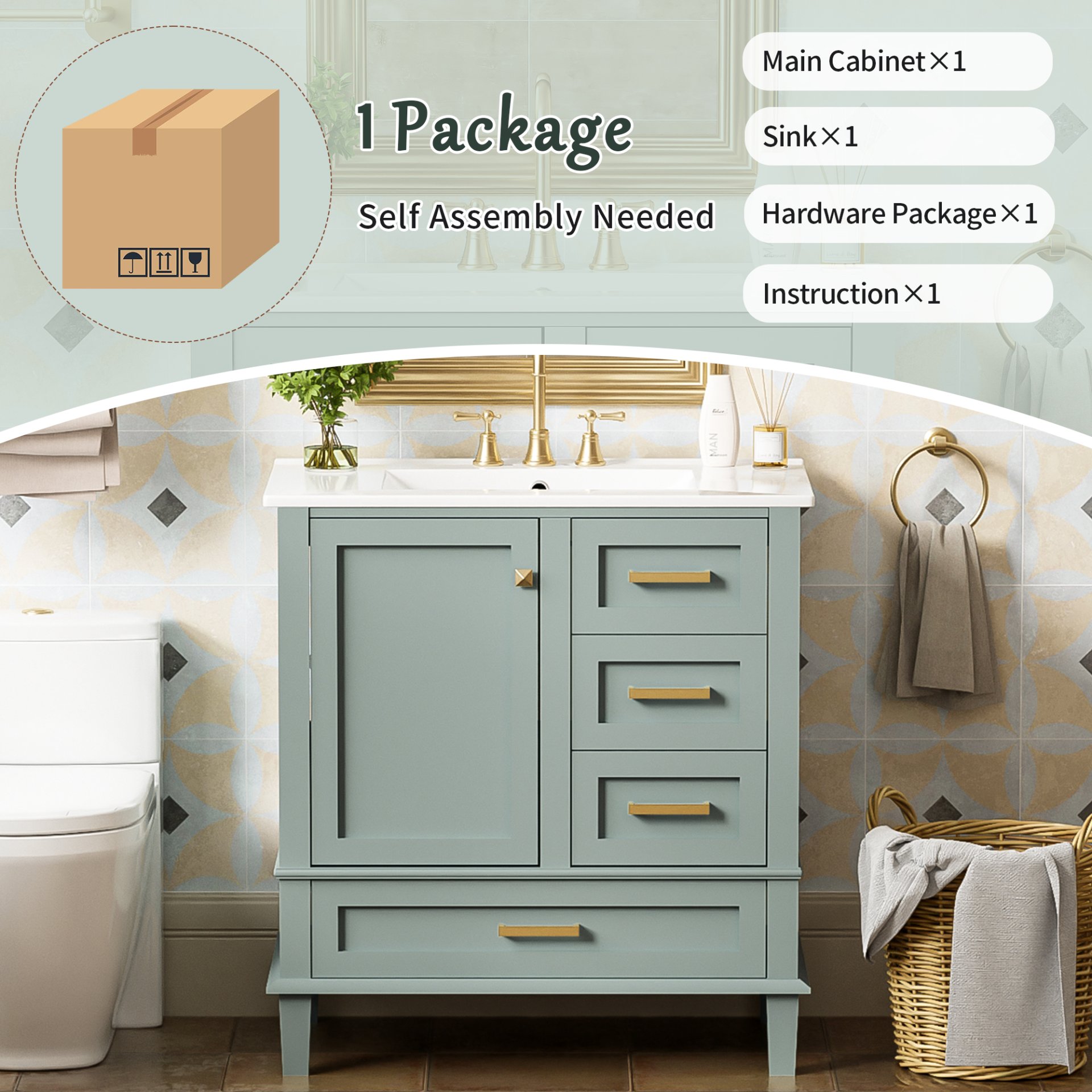 30" Bathroom Vanity Set With Sink, Featuring Soft Close Doors, And 3 Drawer Design - Sage Green - Image 9