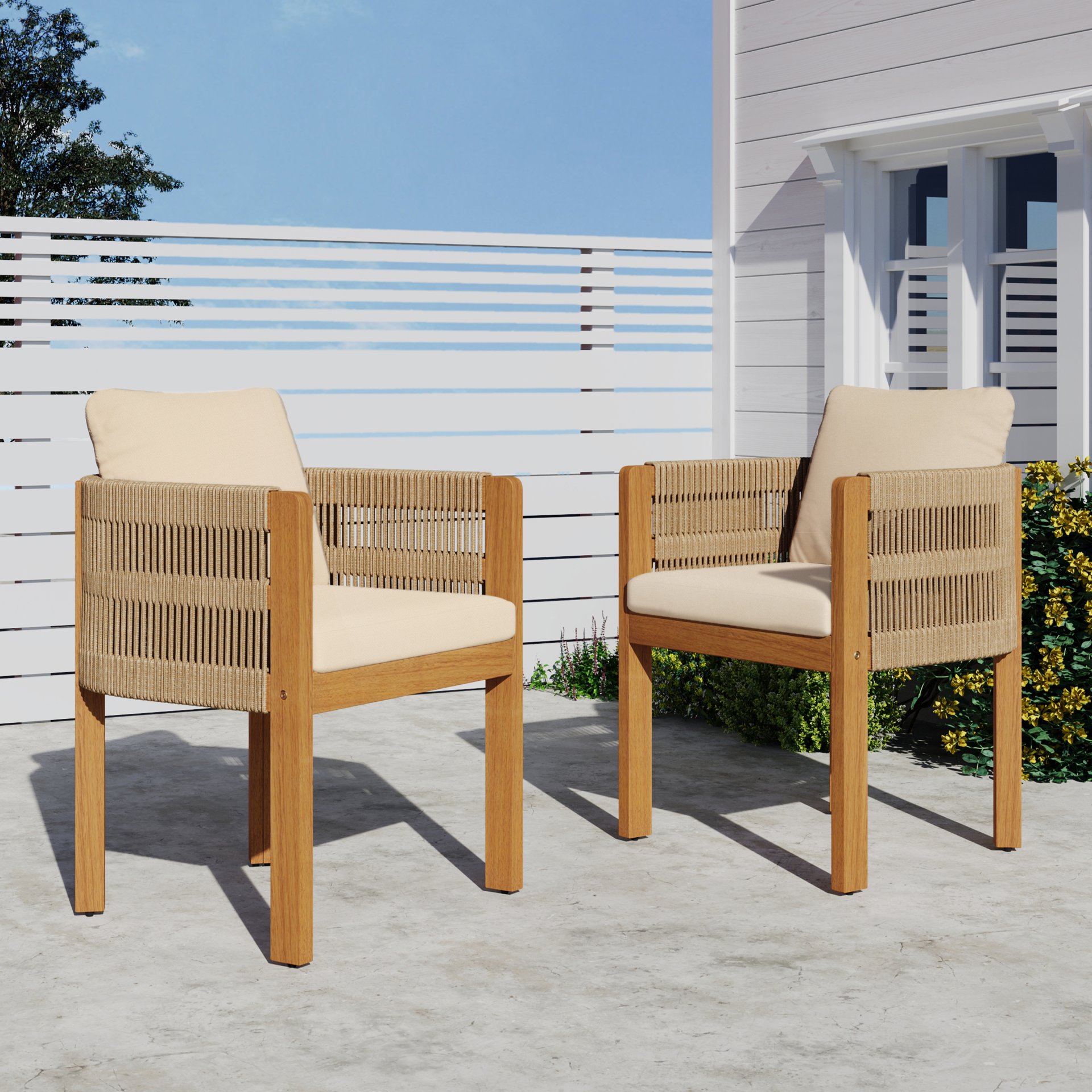 Outdoor Dining Chairs With Rope Handles (Set of 2) - Beige / Teak - Image 2