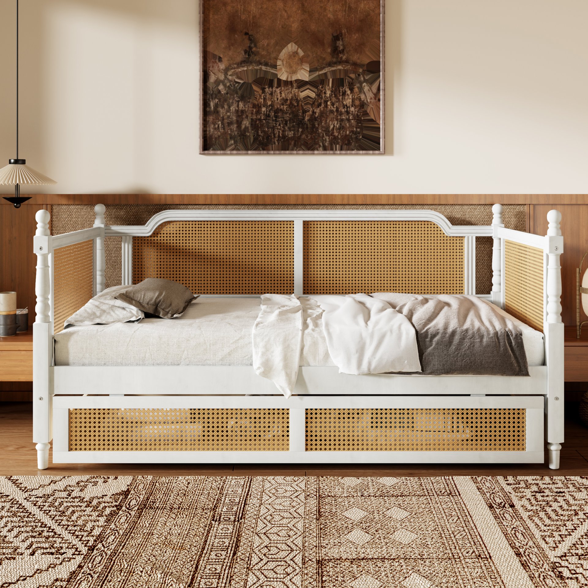 Traditional Style Rattan Twin Size Daybed With 2 Drawers For Limited Space, Guest Room, No Box Spring Needed - Antique White - Image 4