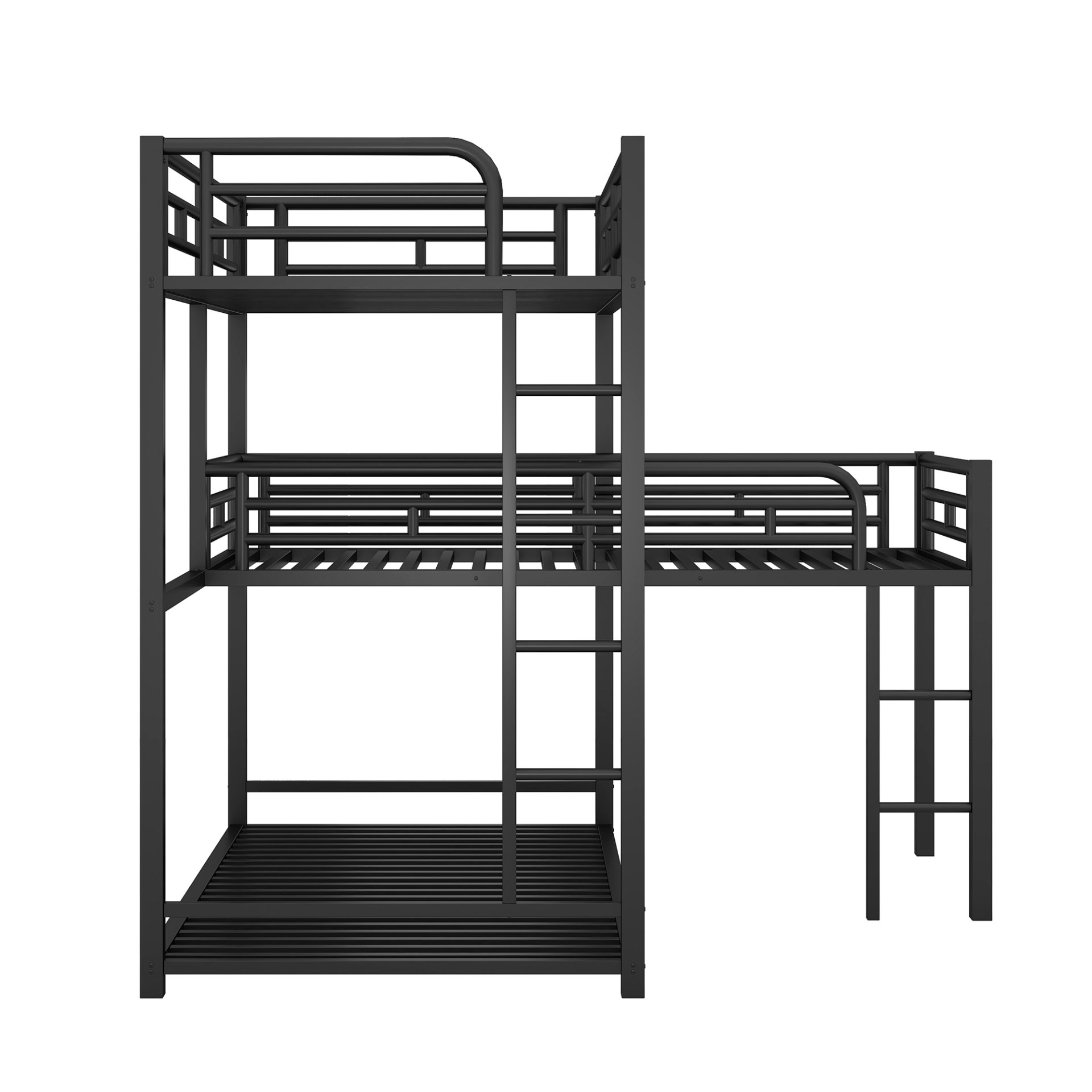 L-Shaped Triple Twin Size Bunk Bed, Industrial Design With Integrated Ladder And Full Length Guardrails - Black - Image 10
