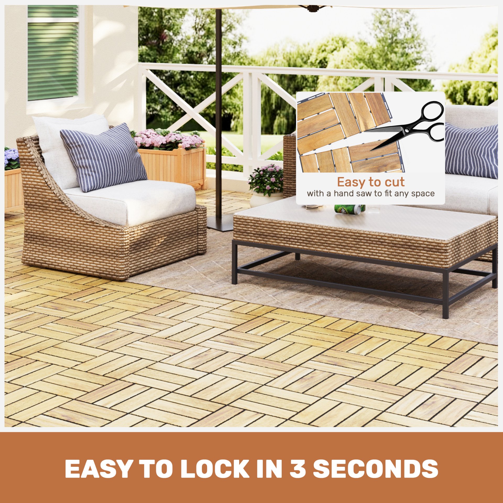 10 Piece Interlocking Deck Tiles Checker Pattern, Square Acacia Hardwood Outdoor Flooring For Patio, Bancony, Pool Side - Yellow - Image 30
