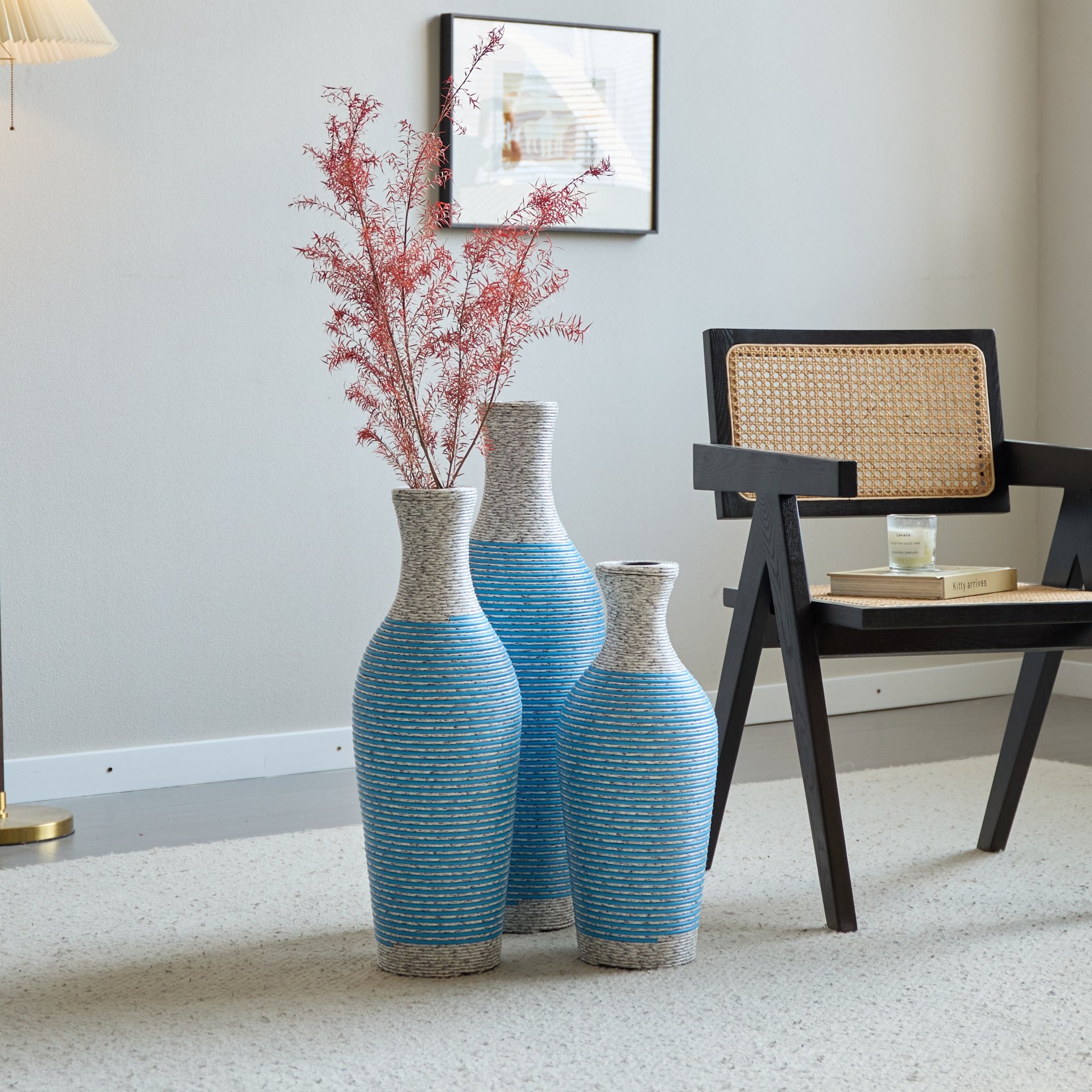 Desktop Vase, Classic And Neat Floor Vase, High Independent Flower Stand, Home Decoration Flower Stand (Set of 3) - White / Blue - Image 8