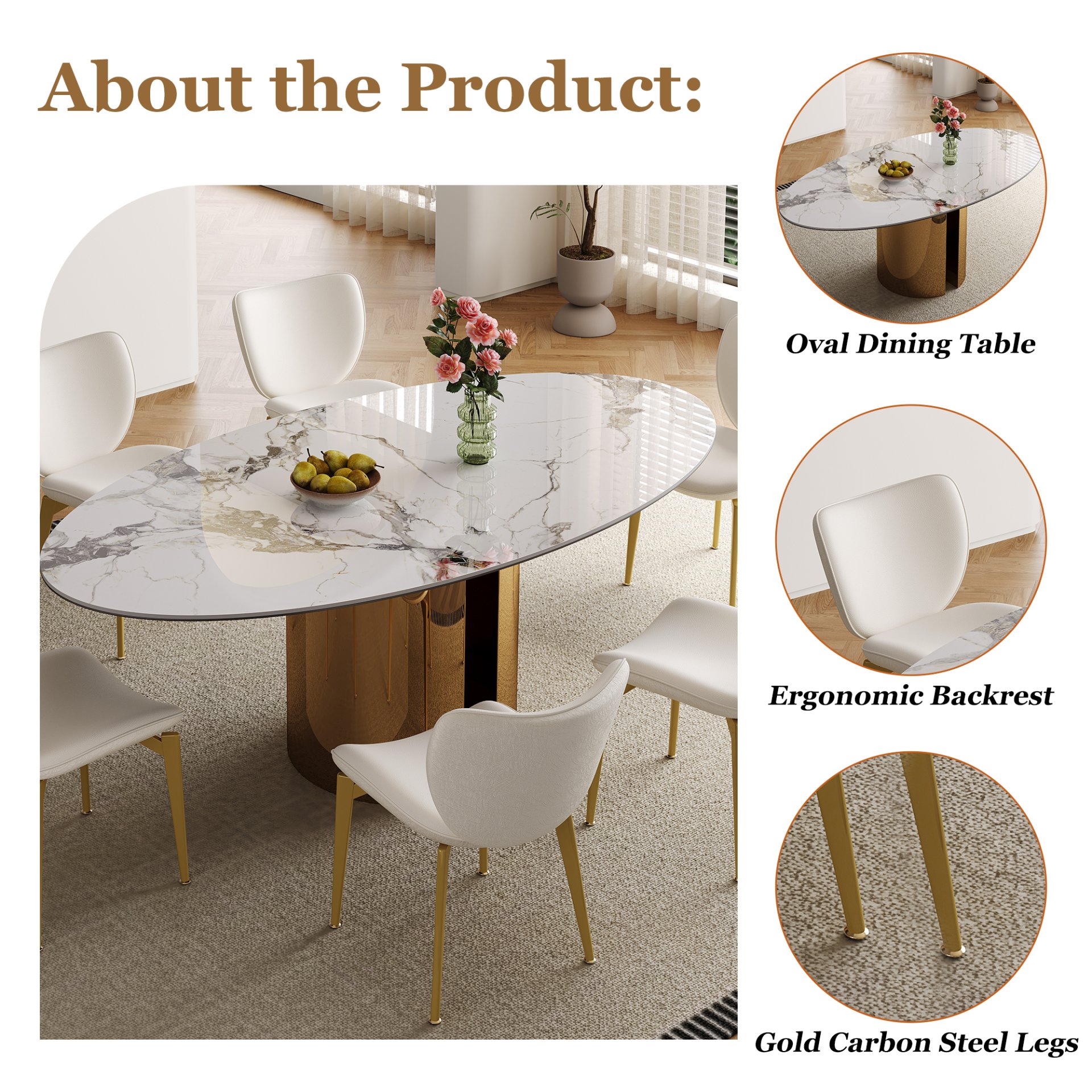 Oval Sintered Stone Dining Table With 4 Chairs - Brown / White - Image 7