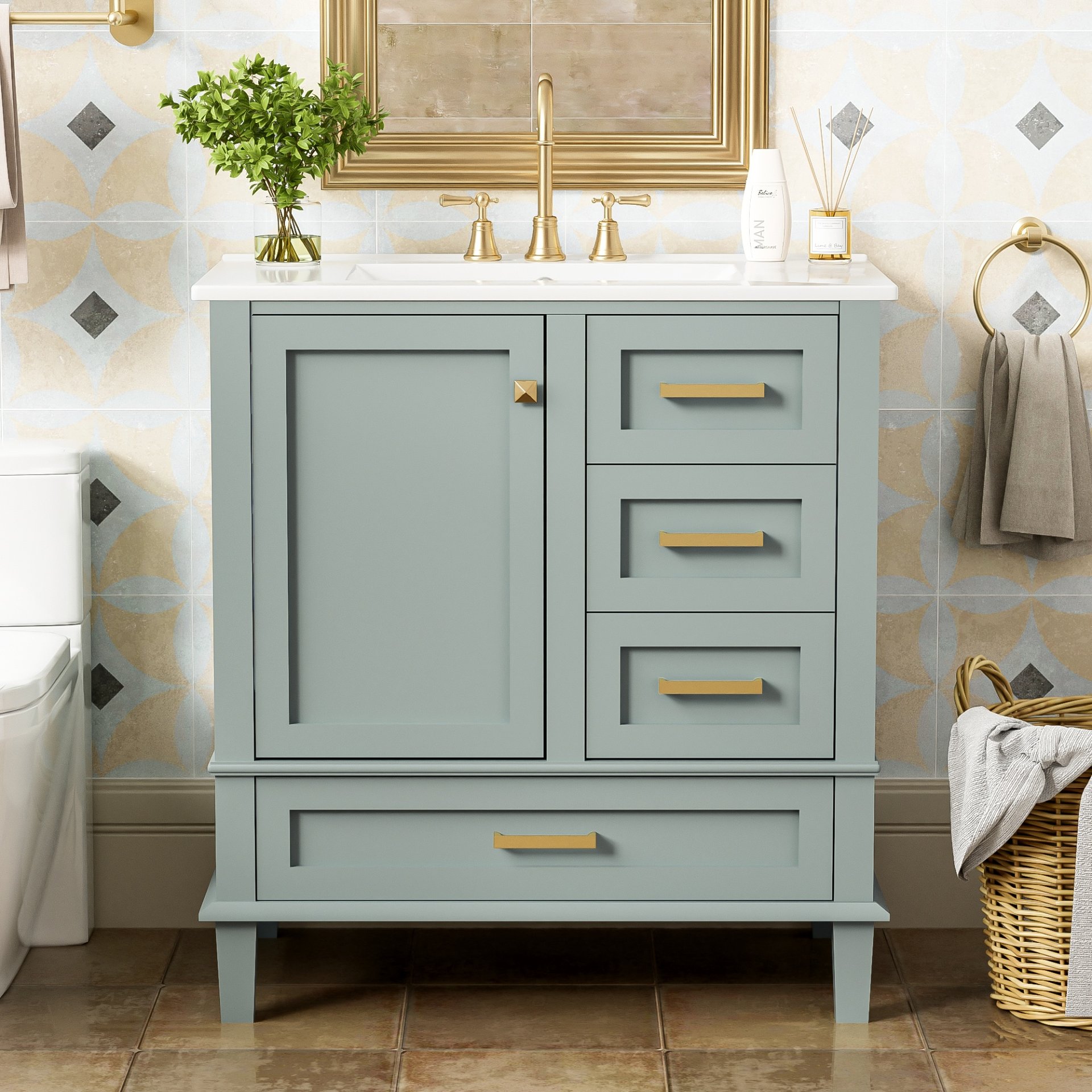 30" Bathroom Vanity Set With Sink, Featuring Soft Close Doors, And 3 Drawer Design - Sage Green - Image 2