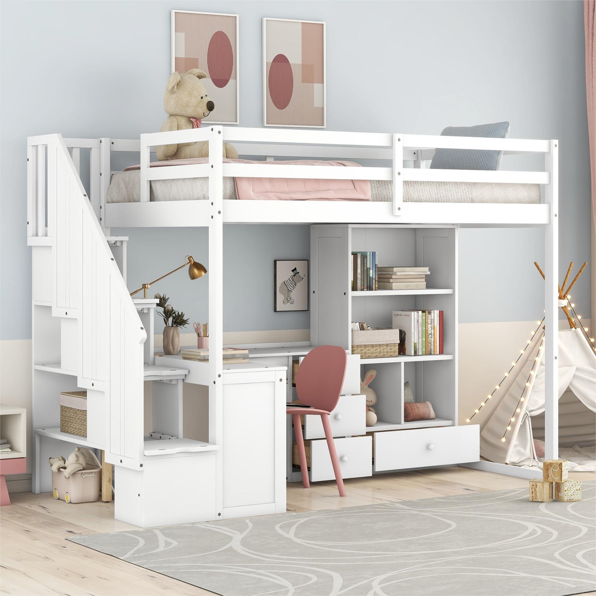 Twin Size Loft Bed With L-Shaped Desk, Drawers, Cabinet And Storage Staircase - White - Image 5