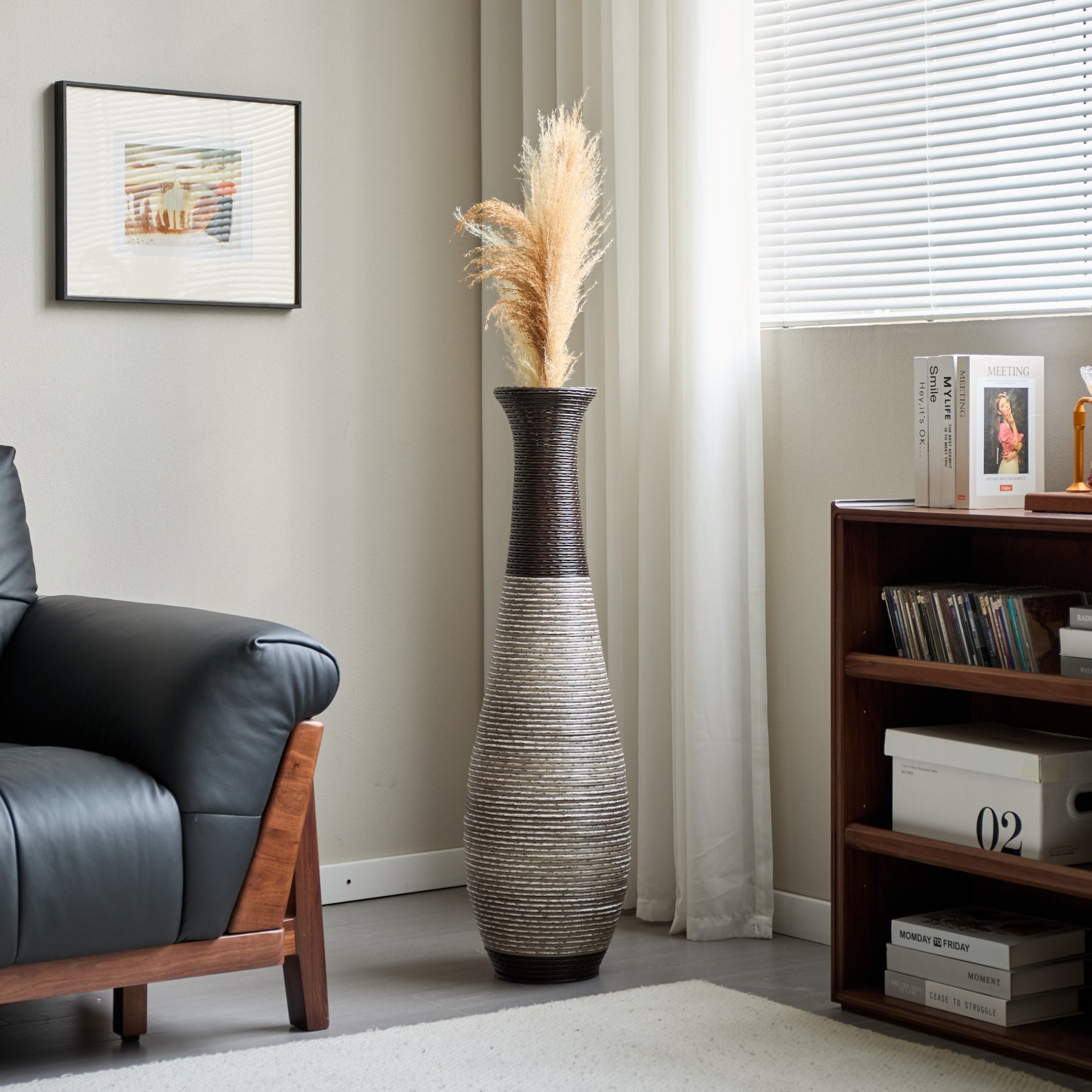 Tall Standing Designer Floor Vase Durable Artificial Rattan Elegant 2 Tone Finish Ideal Decor Accent For Living Room, Bedroom, Entryway Stylish Home Decor Statement Piece - Black / Gray - Image 14