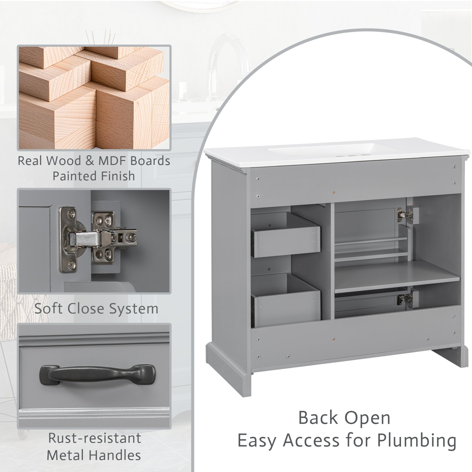 36" Bathroom Vanity With Sink, 2 Tip Out Drawers, Soft Close Hinges - Light Gray - Image 9