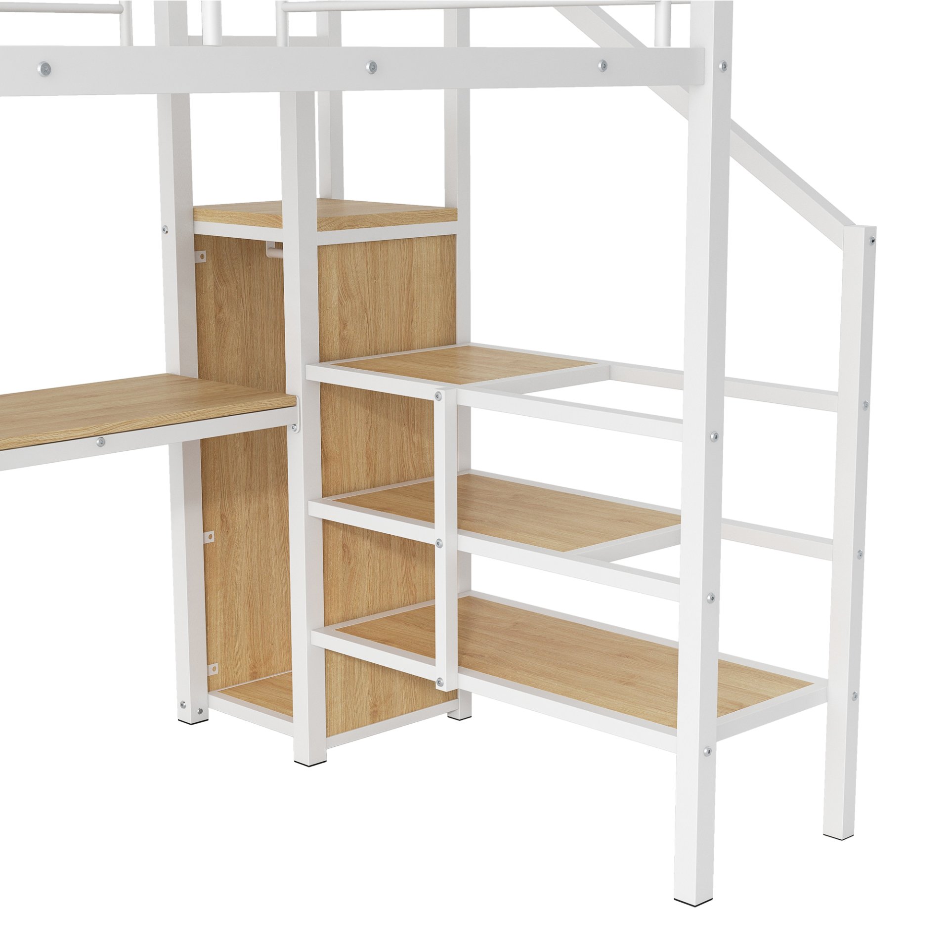 Full Size Loft Bed With Desk, Storage Staircase, Small Wardrobe And LED Light - White - Image 9