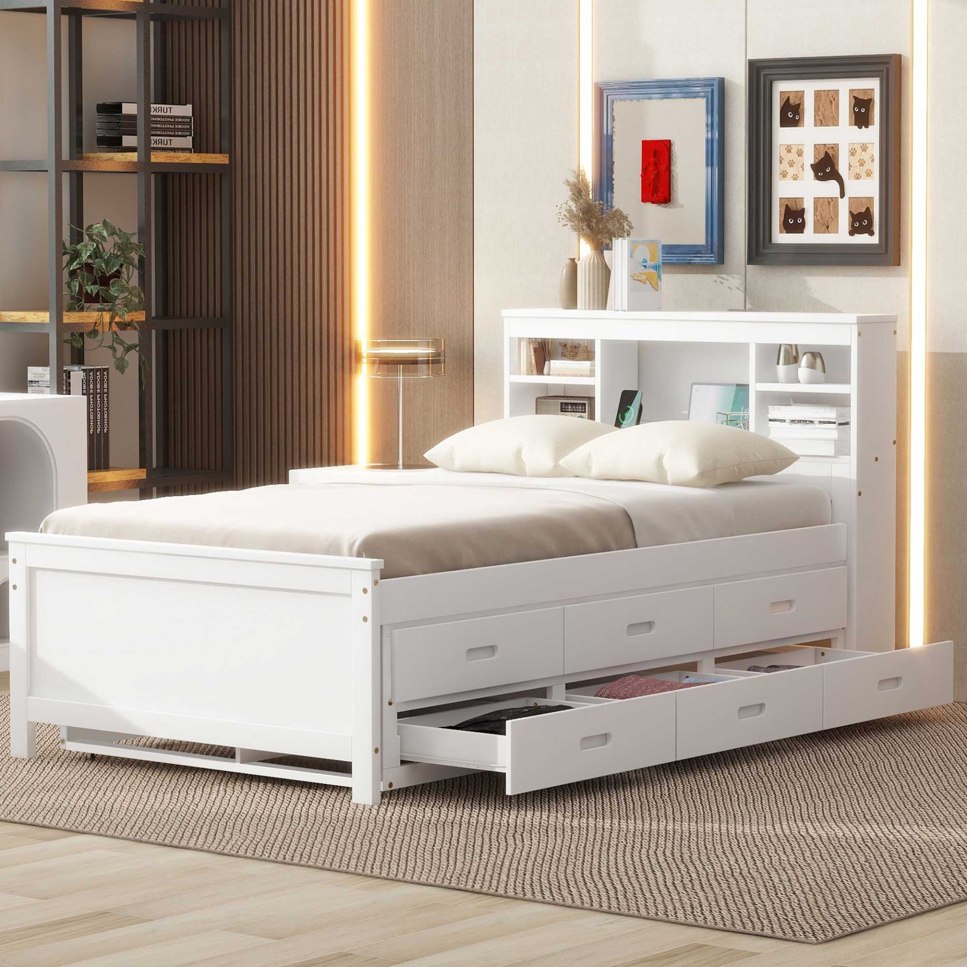 Twin Size Platform Bed With Storage Headboard, USB, Trundle And 3 Drawers - White - Image 2