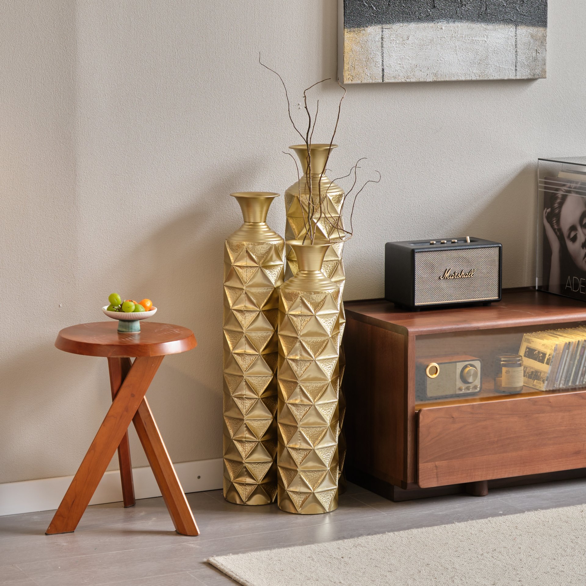 Metal Decorative Vase High Distress Metal Center Vase With 3D Triangle Pattern, (Set of 3) Vases For Home Decoration - Gold - Image 6