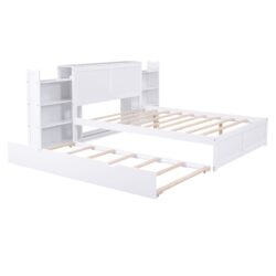 Full Size Storage Platform Bed With Pull Out Shelves And Twin Trundle - White