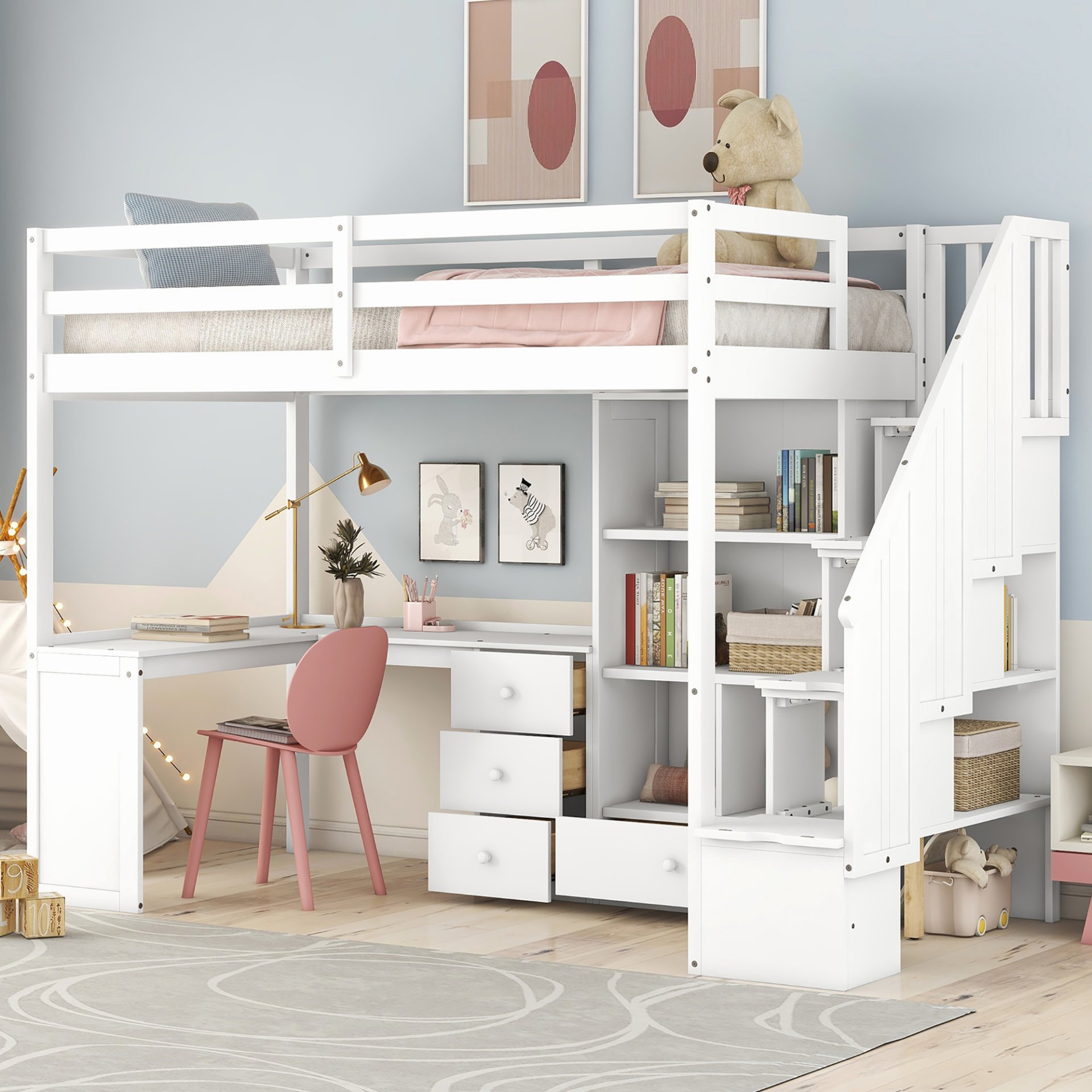 Twin Size Loft Bed With L-Shaped Desk, Drawers, Cabinet And Storage Staircase - White - Image 4