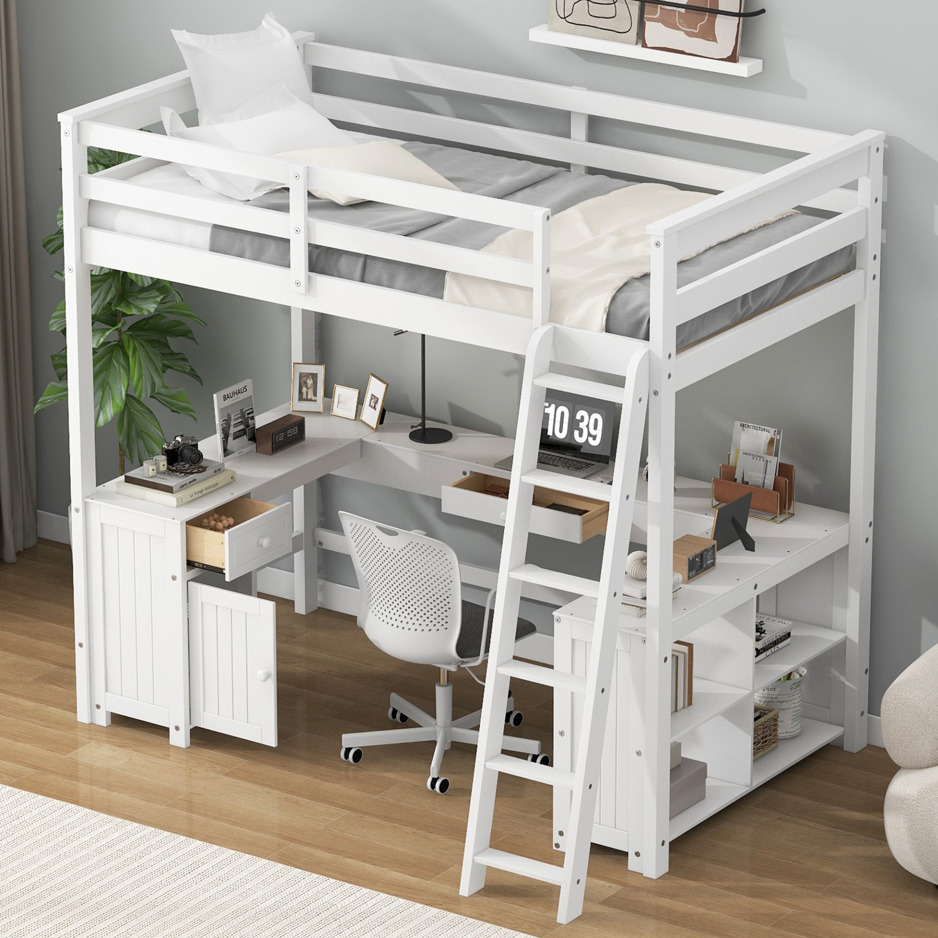 Full Size Loft Bed With U-Shaped Desk, Drawers, And Storage Shelves - White - Image 5