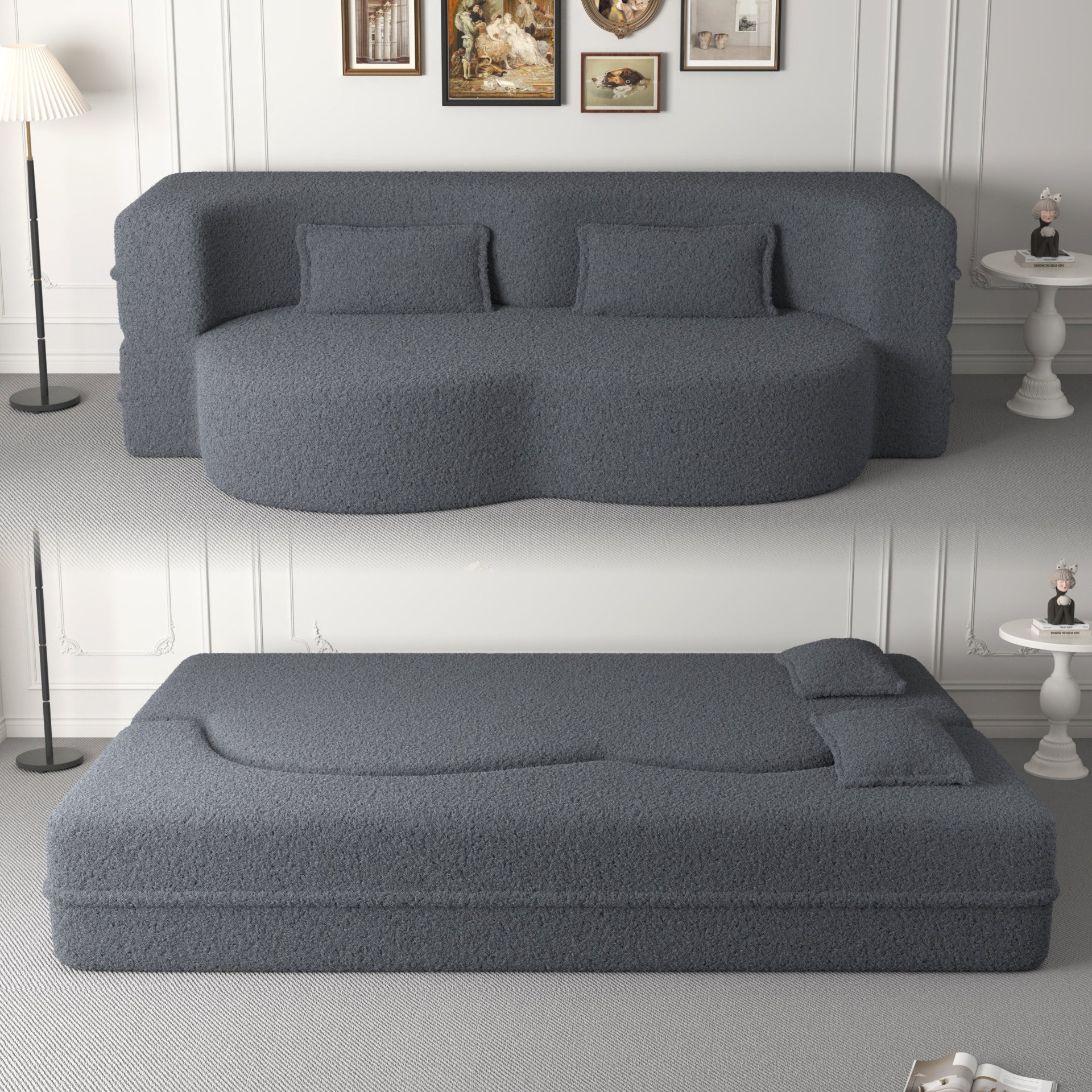 Modern Floor Sofa, With 2 Pillows, Convertible Teddy Fabric Foam Filled Bed, Full Size Folding Mattress, Suitable For Living Room Guest Room, Game Room - Gray - Image 3