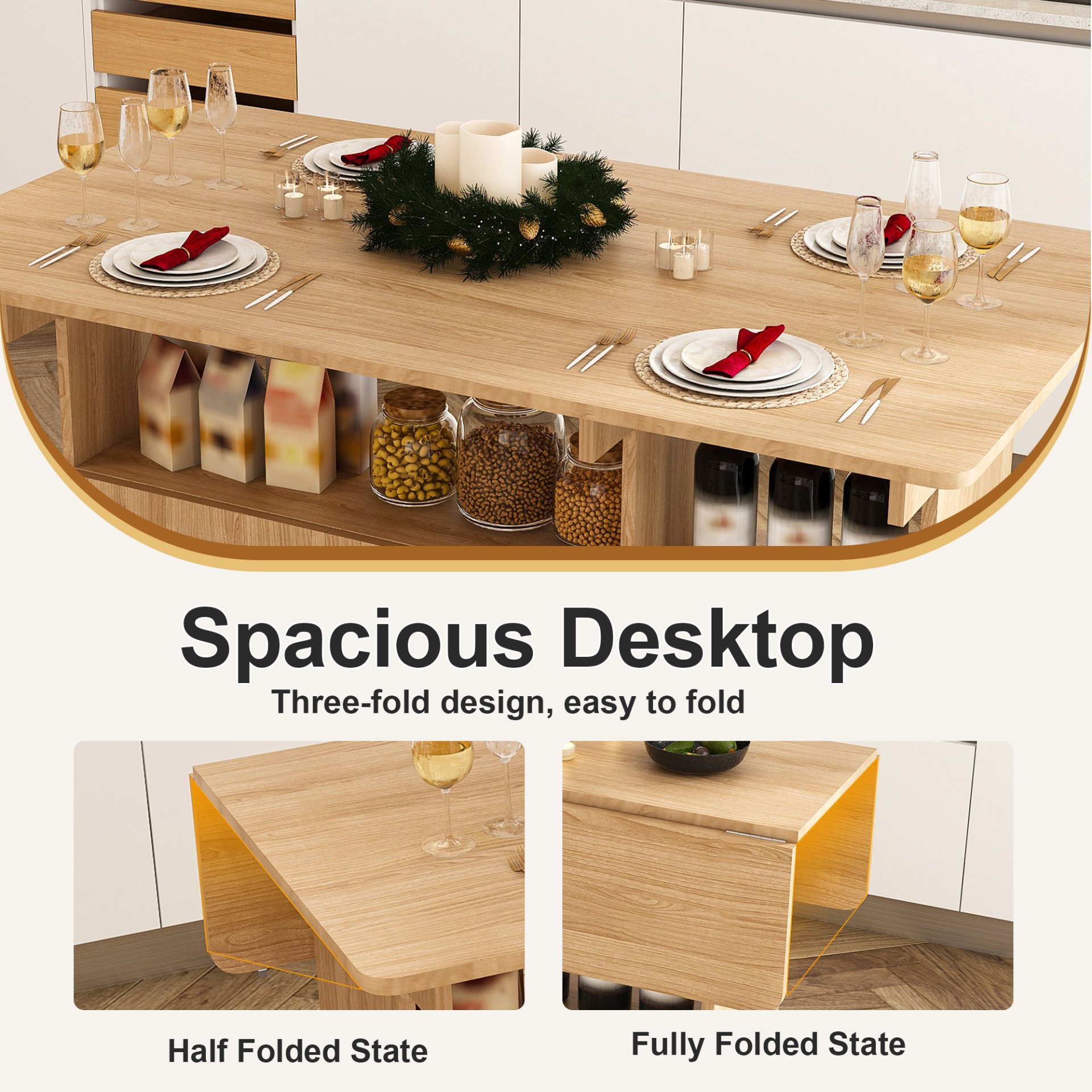 Multifunctional Folding Table With Storage Shelves And Wheels, Compact Desk For Kitchen - Walnut - Image 12