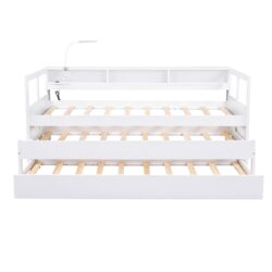 Twin Long Daybed With 2 Trundles, 3 Storage Cubbies, Built In USB Charging Light - White