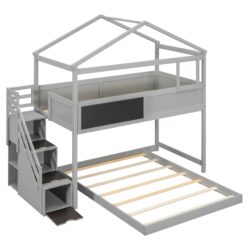 House Style Twin Over Full Bunk Bed With Storage Staircase And Blackboard - Gray