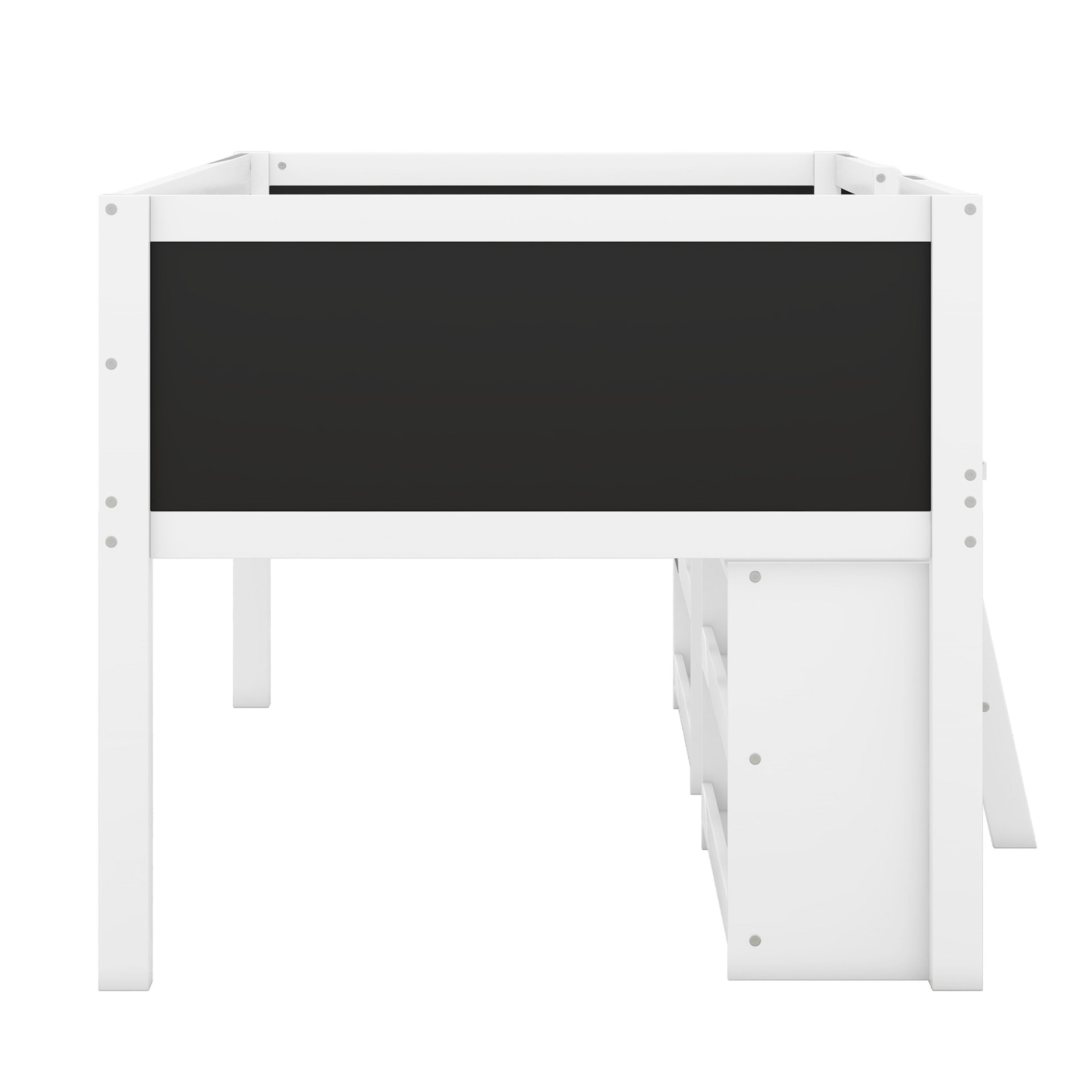 Twin Size Low Loft Bed With Movable Shelves And Ladder, Decorative Chalkboard Guardrail - White - Image 5