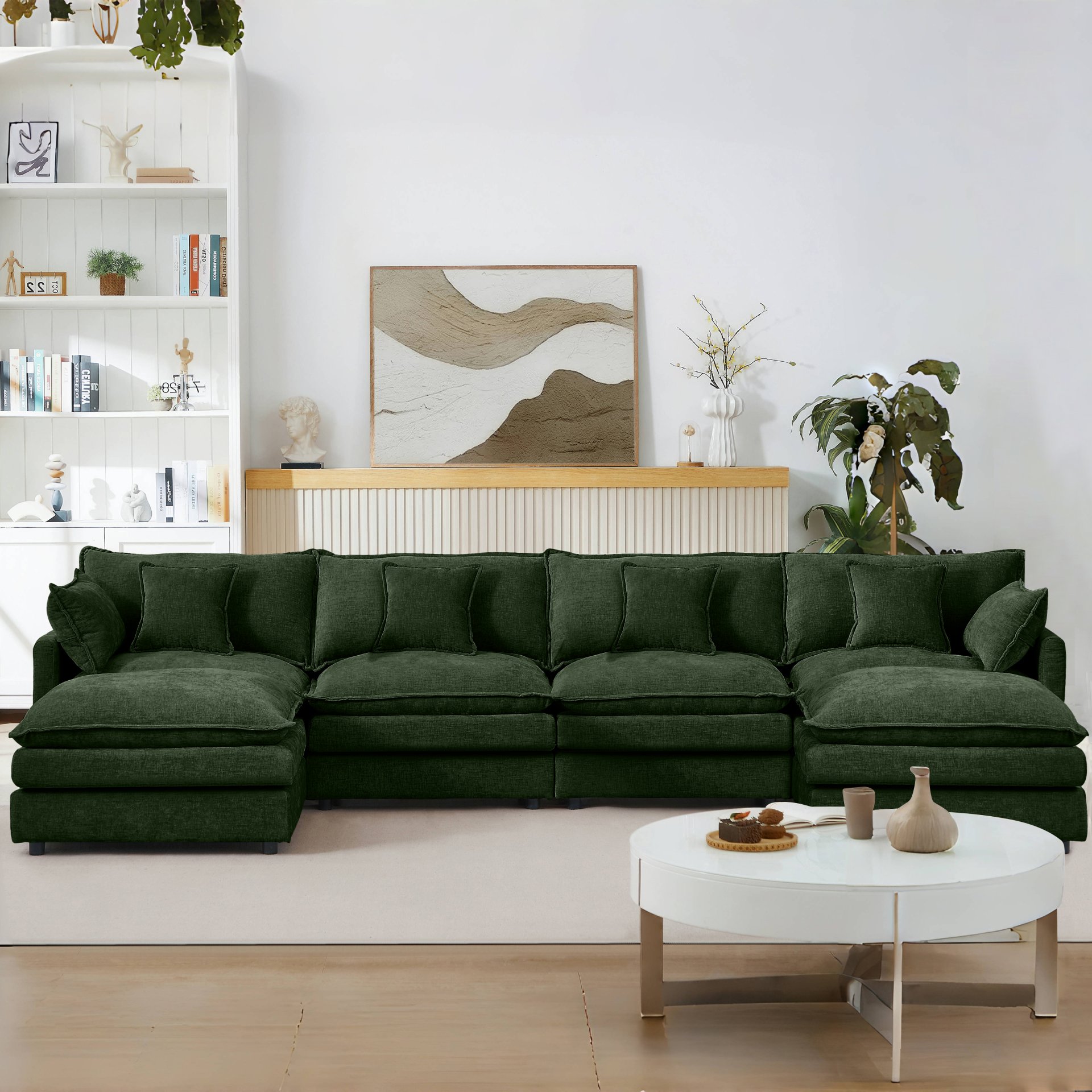 U-Shaped Sectional Sofa, 4 Seater Comfy Cloud Couch With Movable Ottoman - Green - Image 10