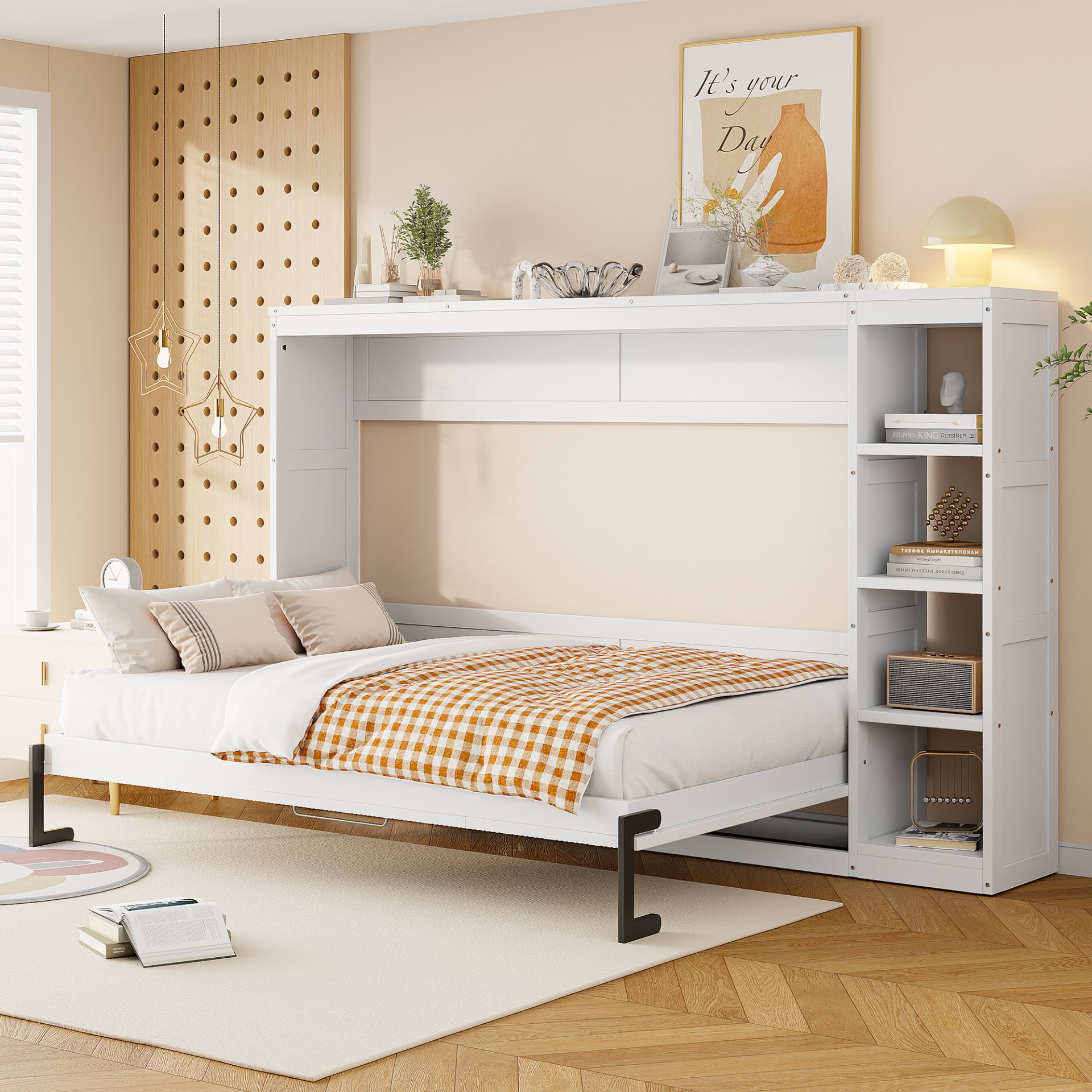 Full Size Murphy Bed With Bookshelf And Storage - White - Image 5