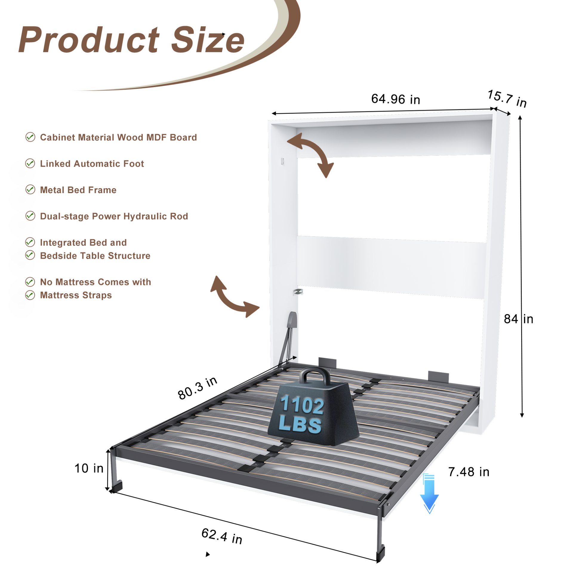Queen Murphy Bed, Space Saving Design - White - Image 6