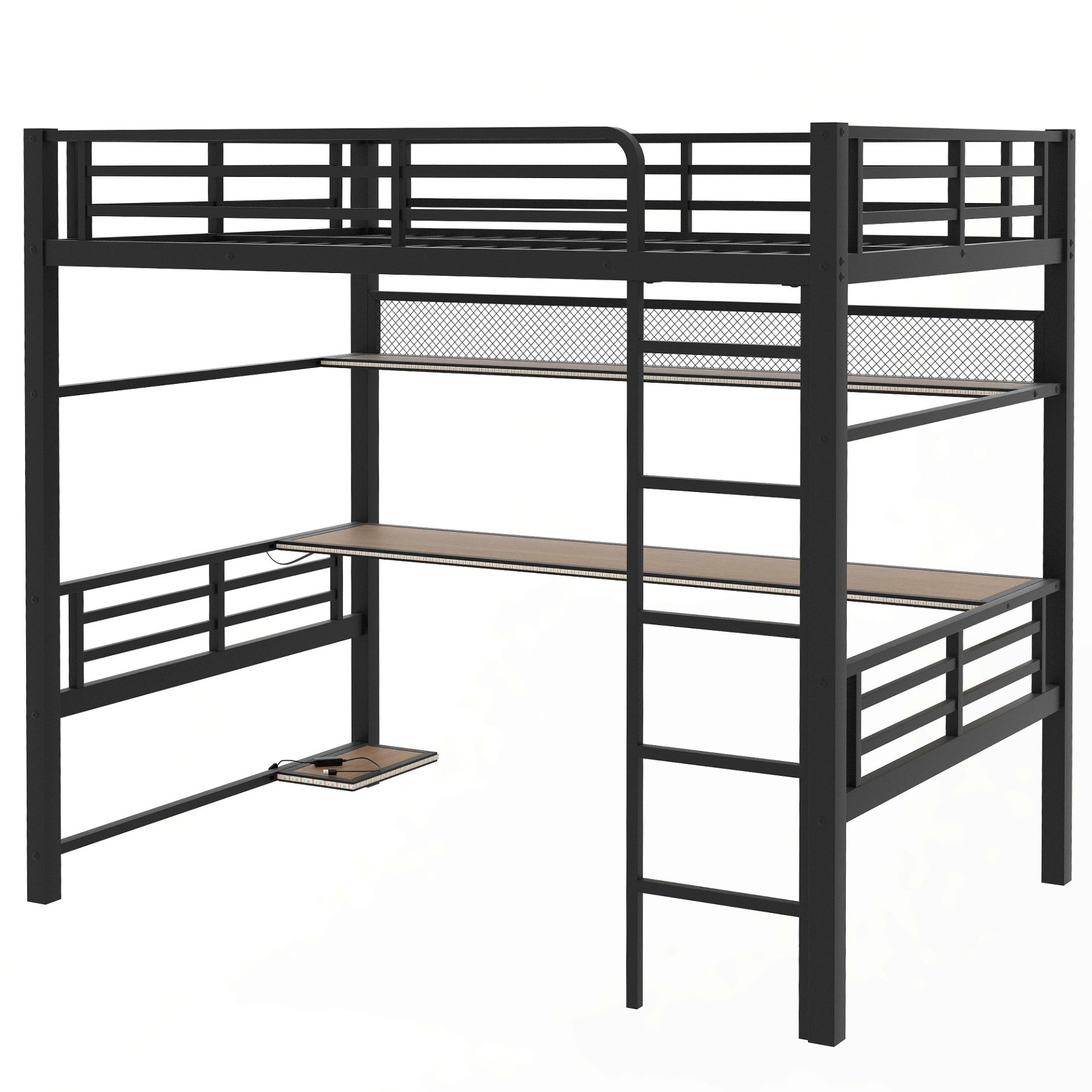 Full Size Loft Bed Frame With Storage Shelf And LED Light - Black - Image 13