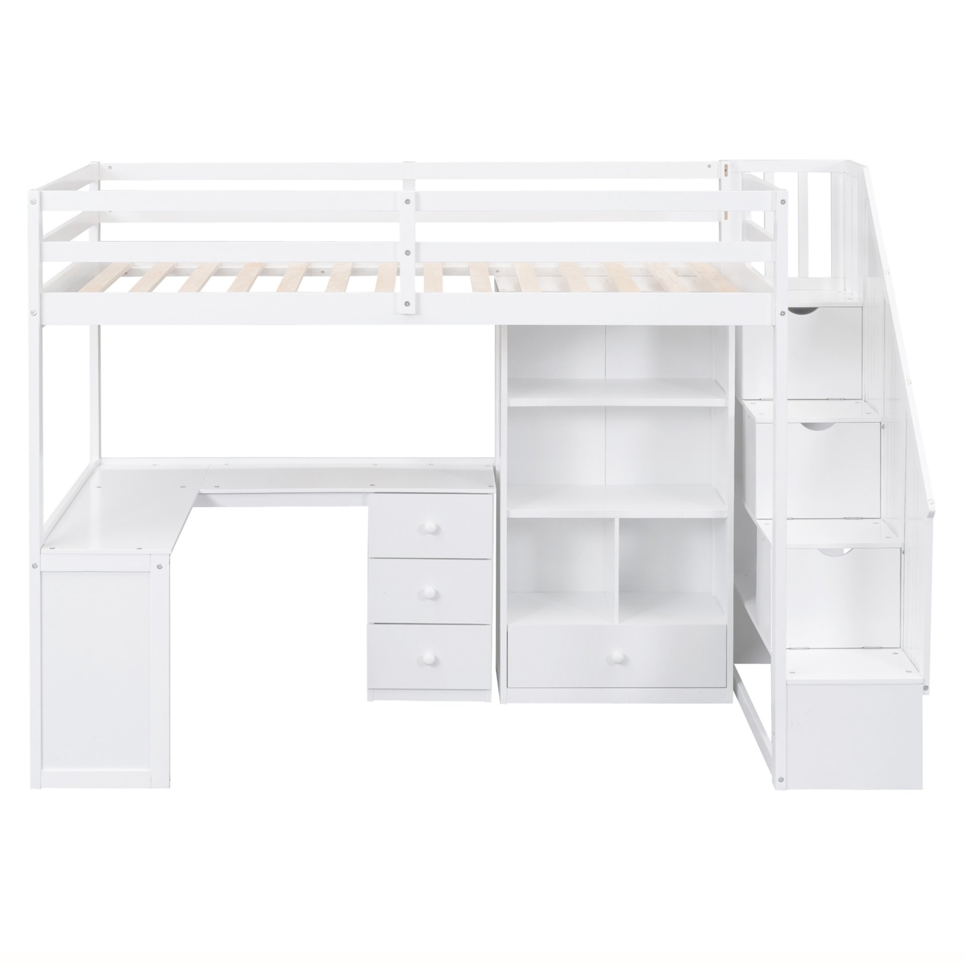 Twin Size Loft Bed With L-Shaped Desk, Drawers, Cabinet And Storage Staircase - White - Image 10