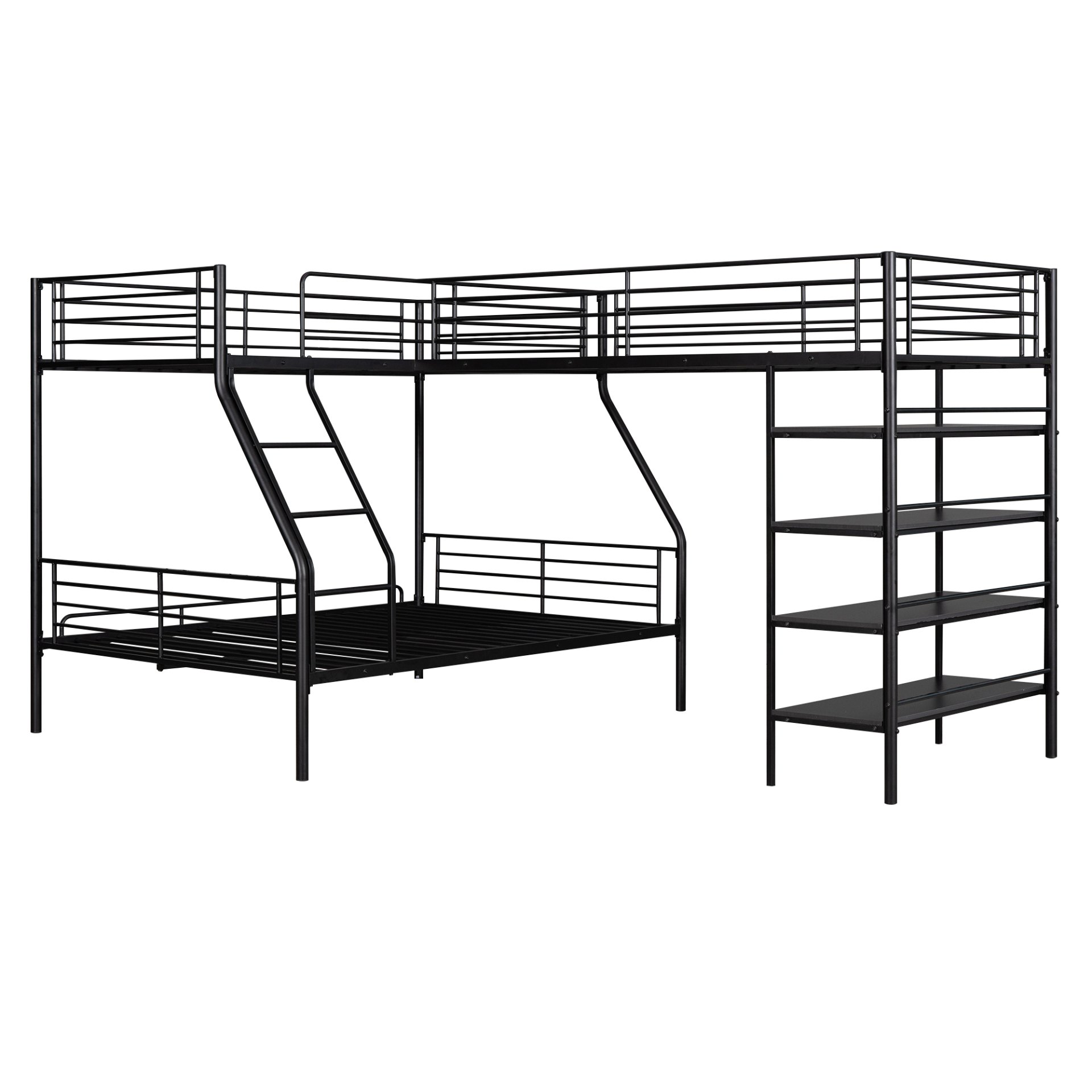 L-Shaped Twin Over Full Bunk Bed And Twin Loft Bed With 4 Built In Shelves - Black - Image 6