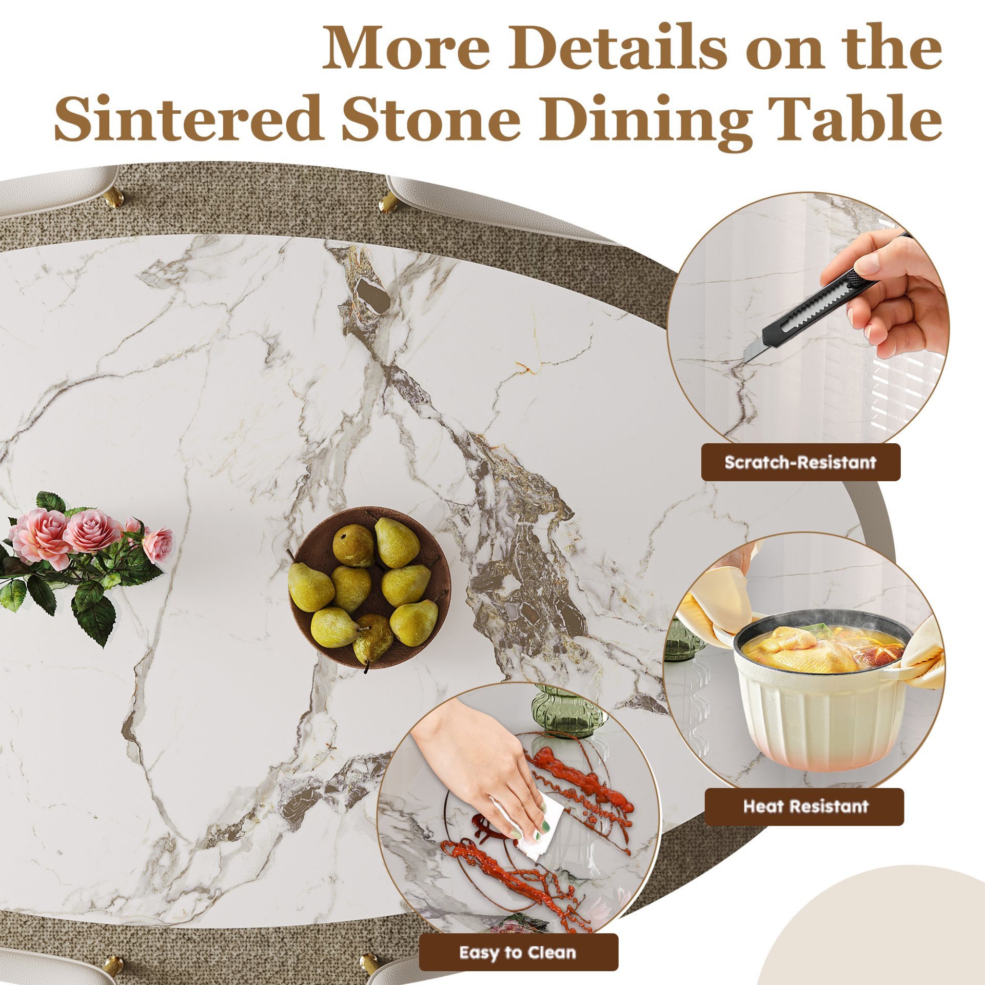 Oval Sintered Stone Dining Table With 4 Chairs - Brown / White - Image 8