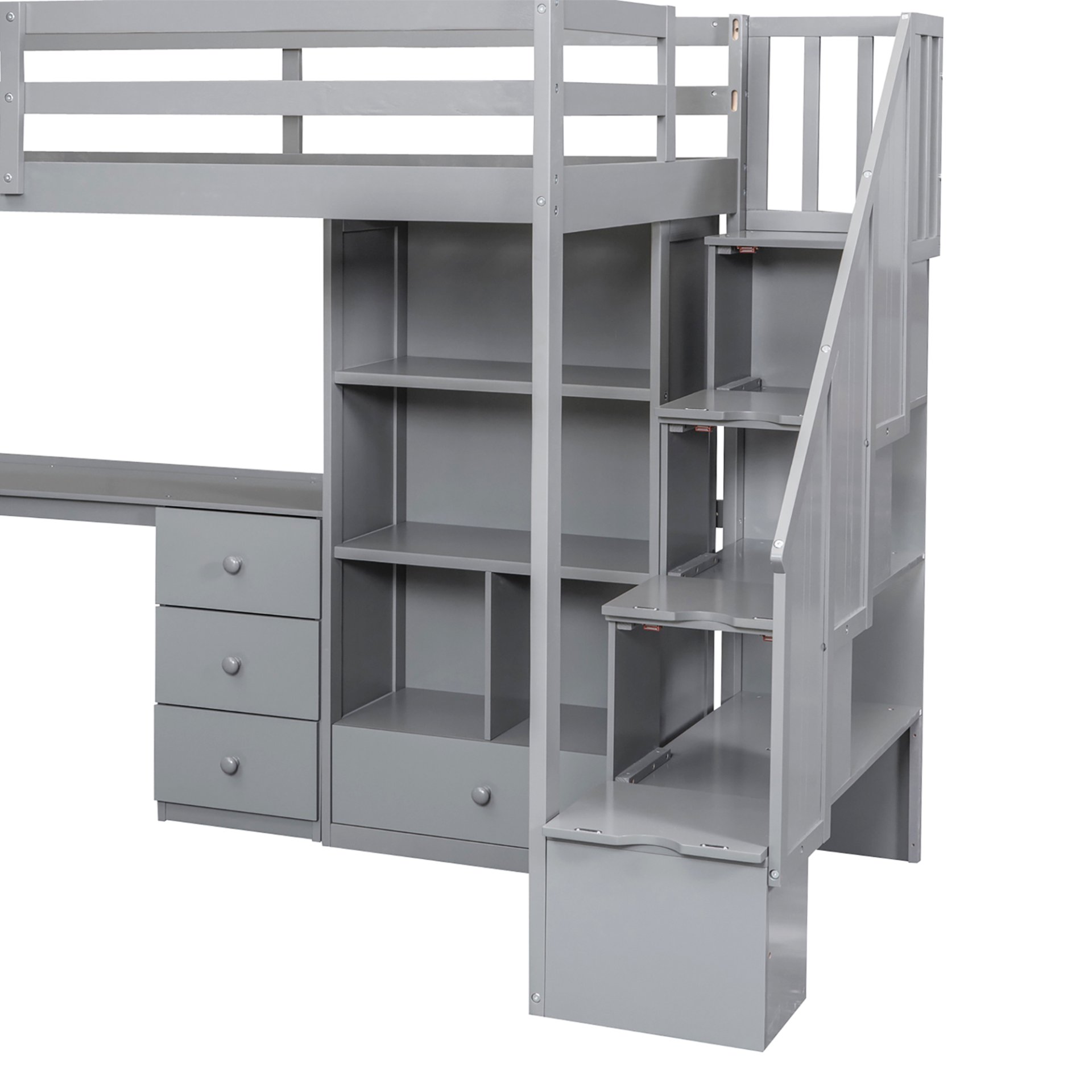 Twin Size Loft Bed With L-Shaped Desk, Drawers, Cabinet And Storage Staircase - Gray - Image 13