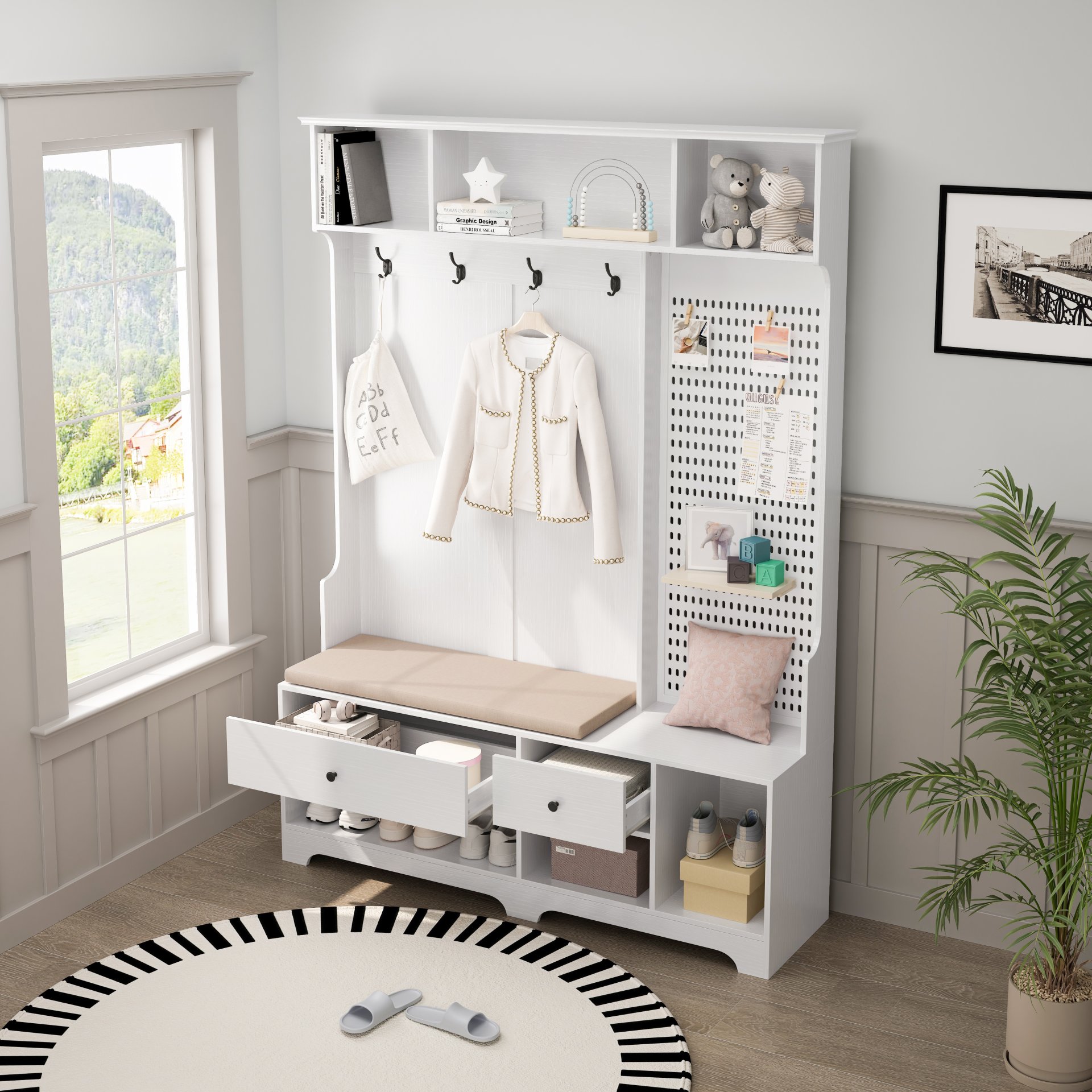 Hallway Hall Tree With Removable Cushion Bench, Coat Rack, Storage Shelves - White - Image 5