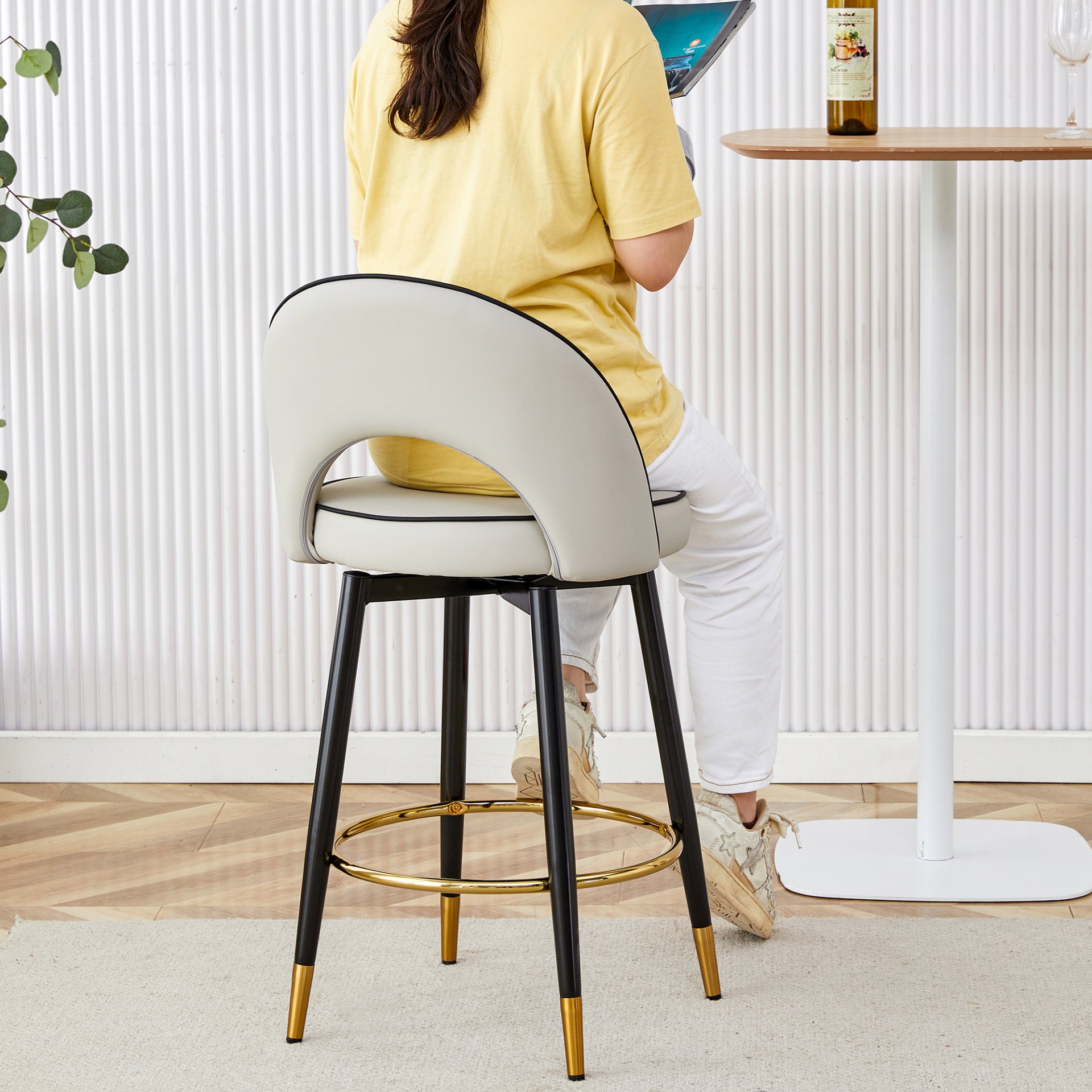 Modern Comfortable Upholstered Bar Chair With Smooth And Beautiful Metal Legs For Dining Room, Kitchen, Terrace And Guest Office (Set of 2) - Black / Gray - Image 9