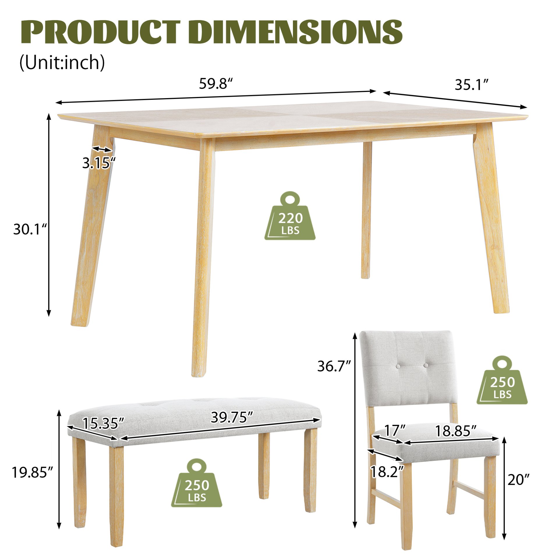6 Pieces Dining Room Table Set, Rustic Farmhouse Dining Room Rectangular Table With 4 Upholstered Chairs And Bench, Solid Wood Kitchen Dining Table Set For 6 Persons - Natural Wood Wash - Image 3