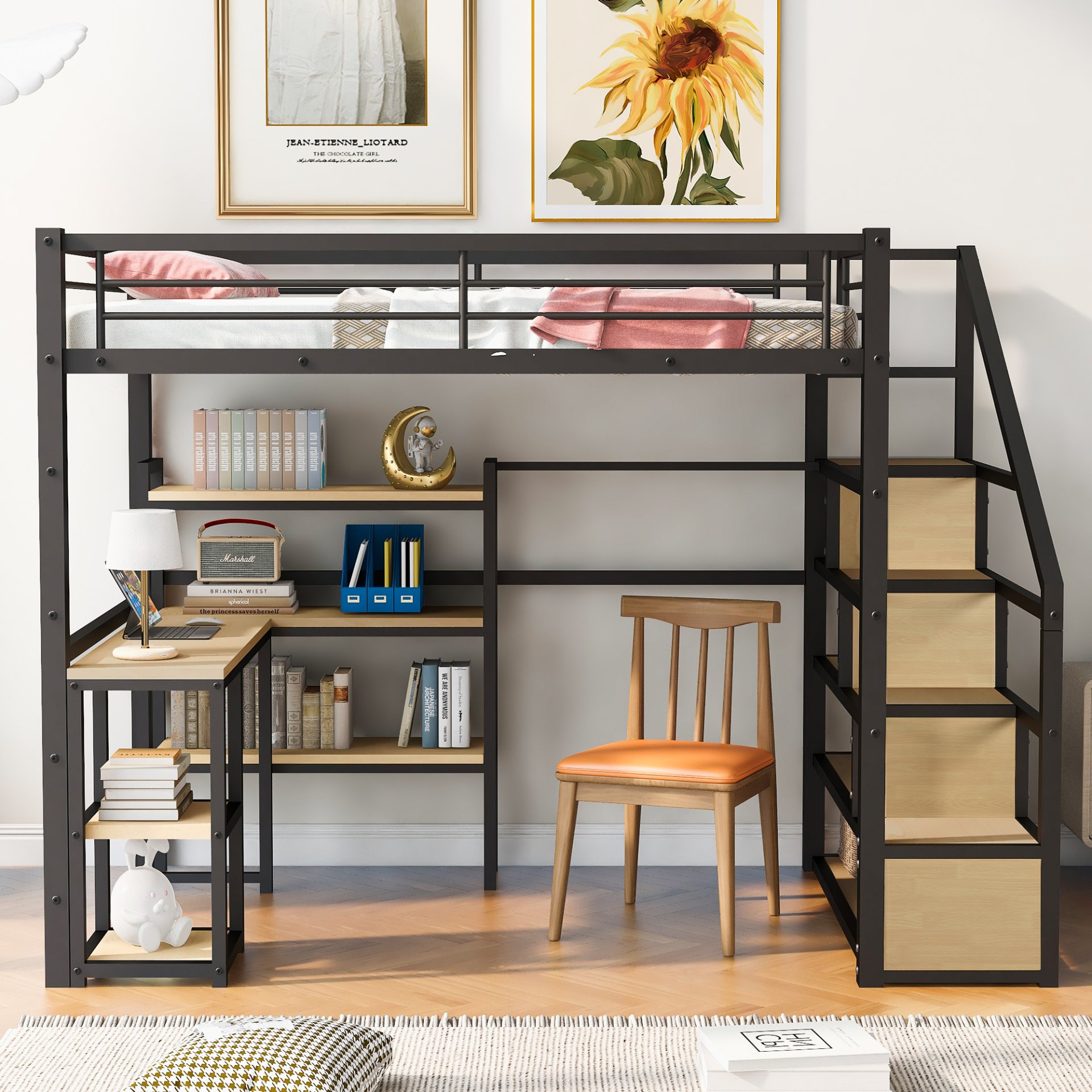 Full Size Loft Bed With Staircase, Built In Desk And Shelves And Sleeping Surface - Black - Image 5